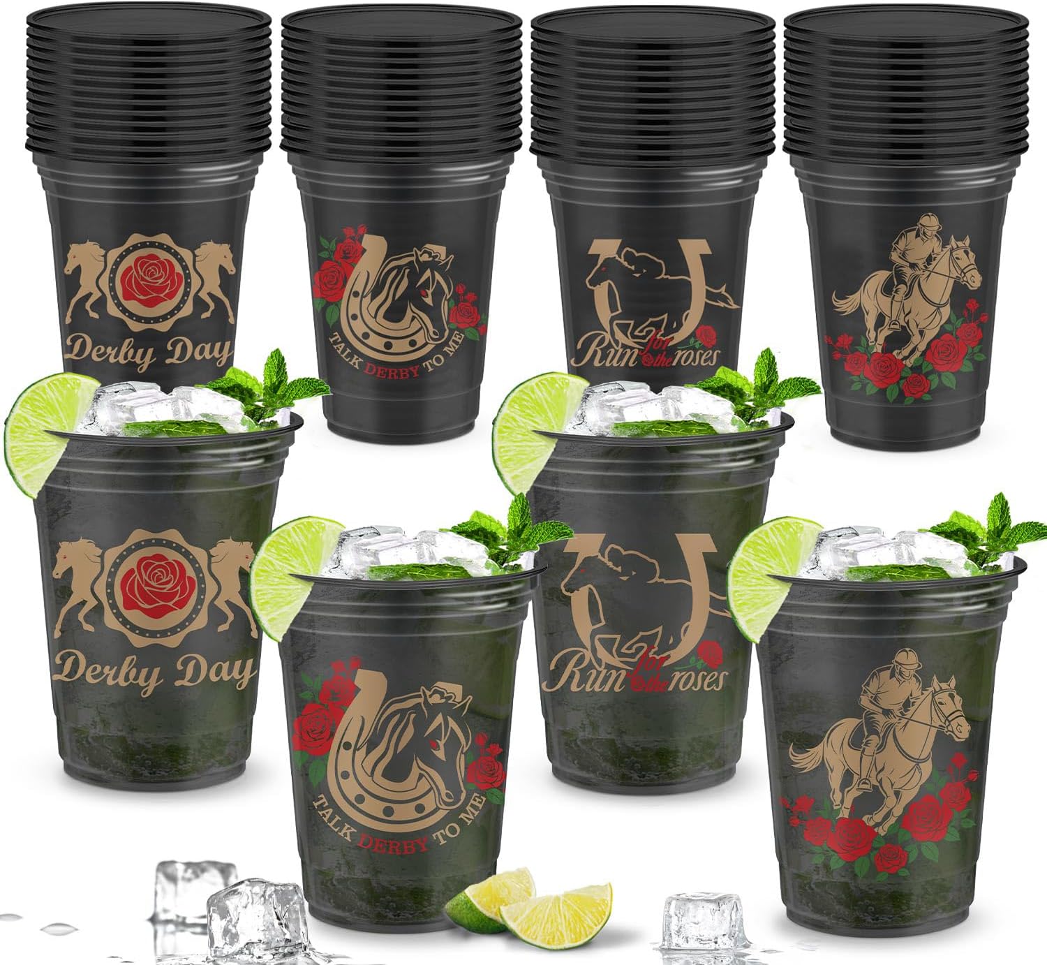 M AMFEOV Derby Plastic Cups Bulk, 48 Pcs Derby Mint Julep Cups for Derby Party Supplies, 16oz Horse Racing Party Decorations Supplies, Plastic Derby Cup for Horse Racing Party Decor