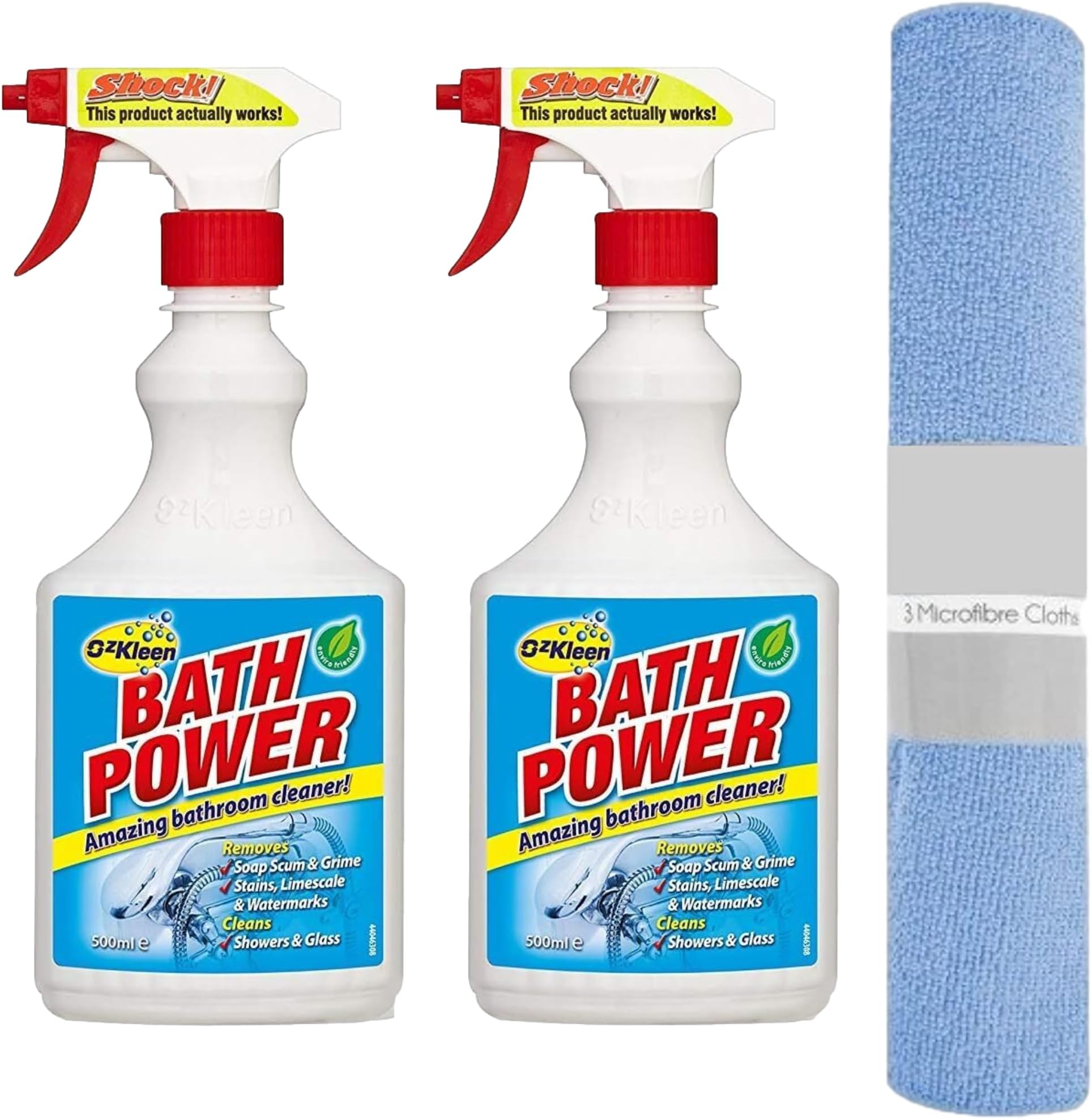Bathroom Cleaning Spray Kit - 2 x OzKleen Bath Power Bathroom Cleaner 500ml + 3 x Kunwely Microfibre Cloth