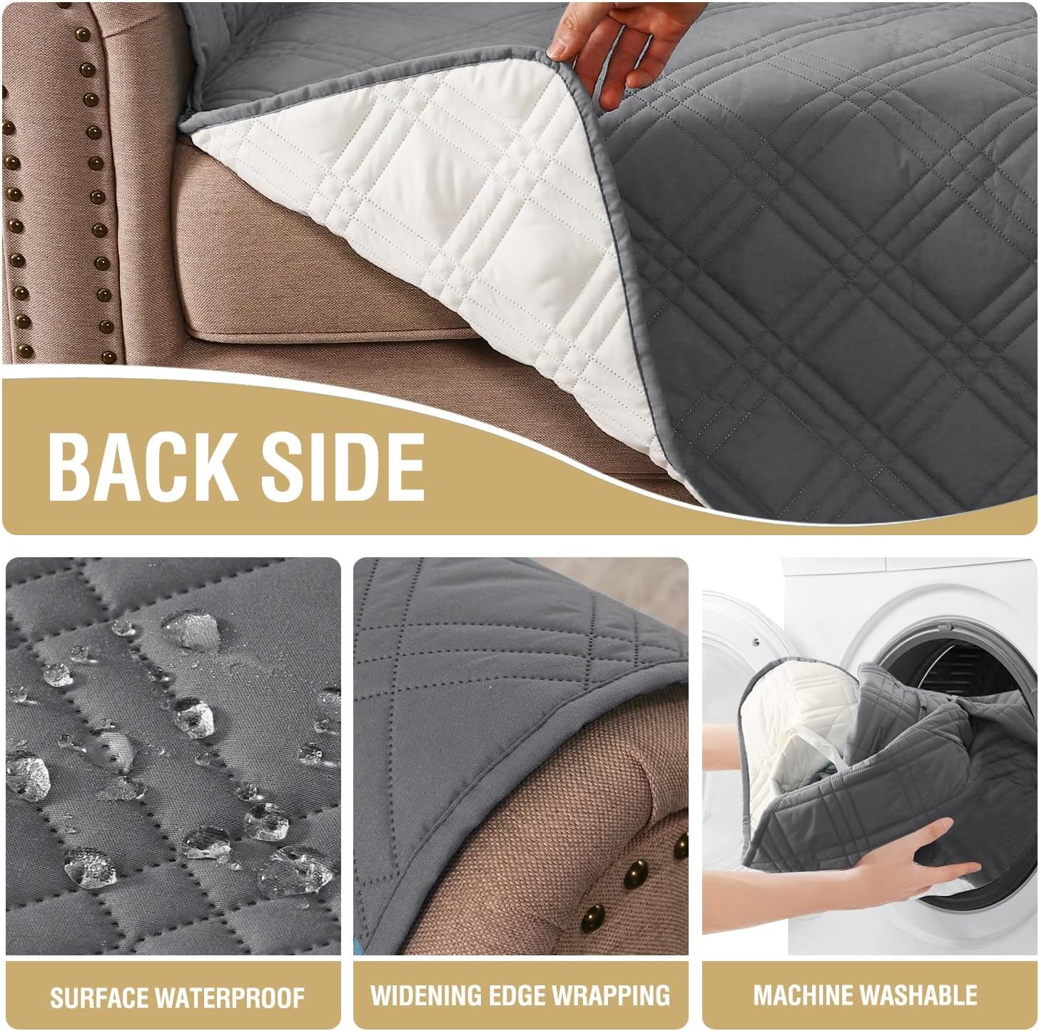 H.VERSAILTEX 100% Waterproof Couch Covers for 3 Cushion Couch Sofa Modern Sofa Slipcovers with Elastic Straps Thick Soft Furniture Protector Pet Friendly(Sofa, Grey/Beige)