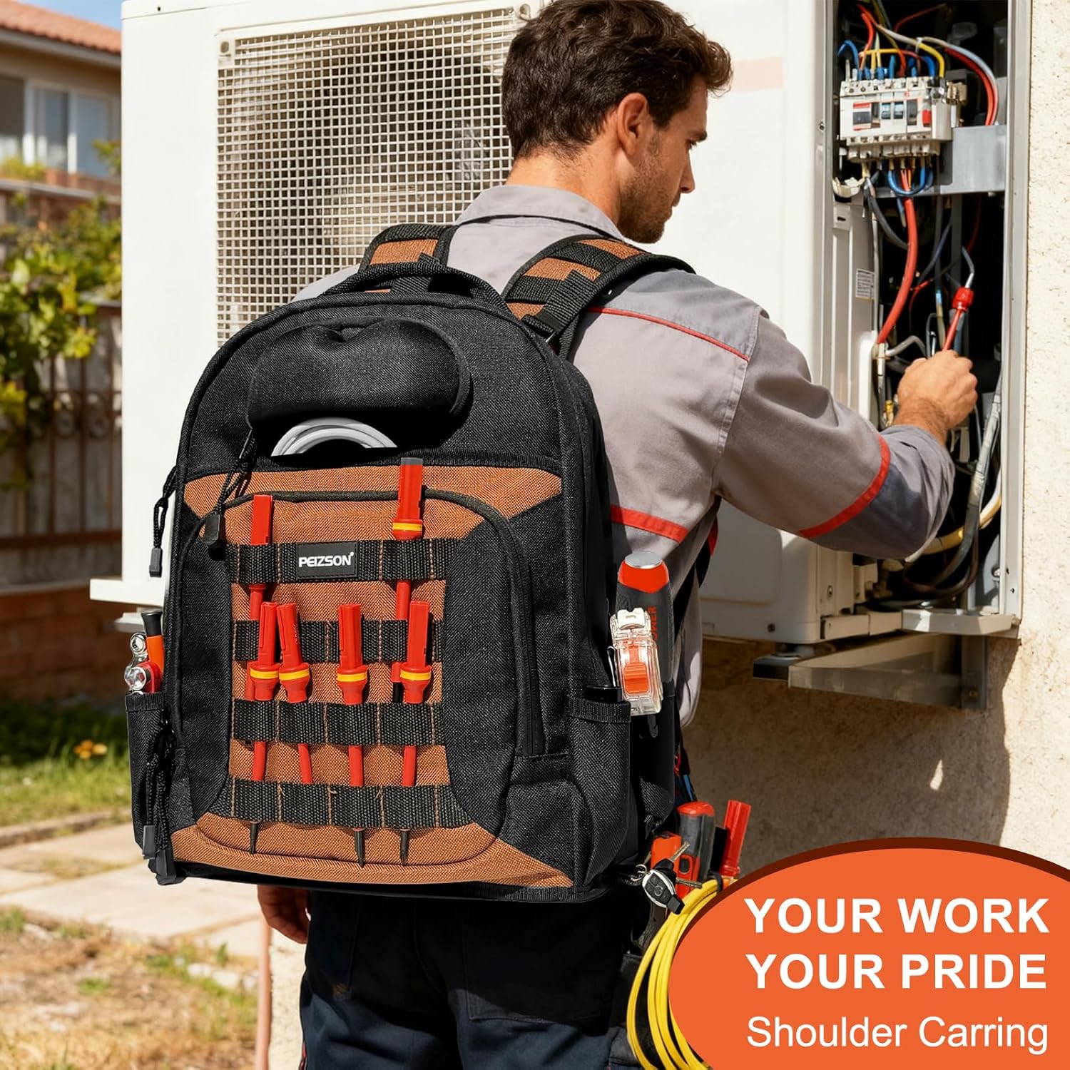 Tool Backpack for Electricians, HVAC, Technicians & Mechanics. Professional Tool Back Pack Bag with 4 Compartments, 39 Pockets, 31 MOLLE Loops, and Safety Goggles Box