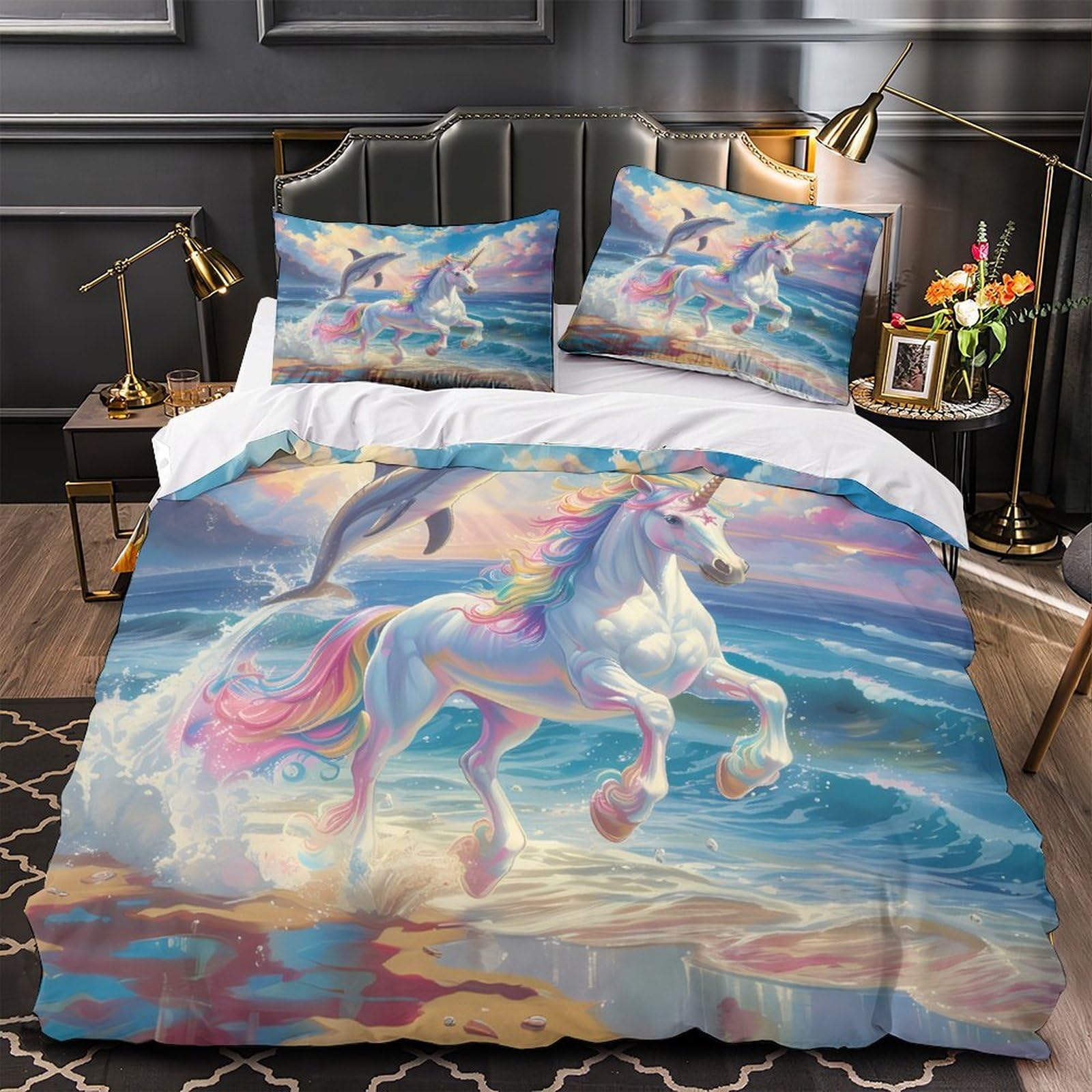 Housse de couette licorne 3D zippée parure de lit microfibre facile à laver 200x200