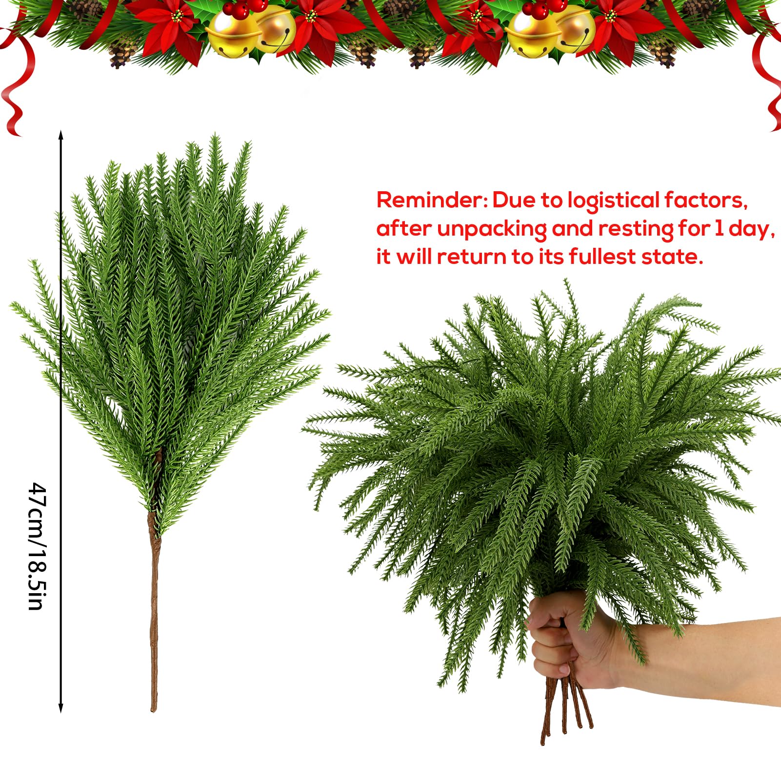 VICAMB 8PCS 18.5 Inches Christmas Norfolk Pine Branches, Artificial Faux Greenery Stem, Pine Picks for Garland Wreath Xmas and Home Garden Decor