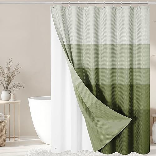 Miniatura 8 de Cortina de Ducha y Forro, Rayas Ombré Marrones 3 en 1 Cortina de Ducha y Juego de Forro PEVA con 12 Ganchos de Metal Resistentes al Óxido, Cortinas