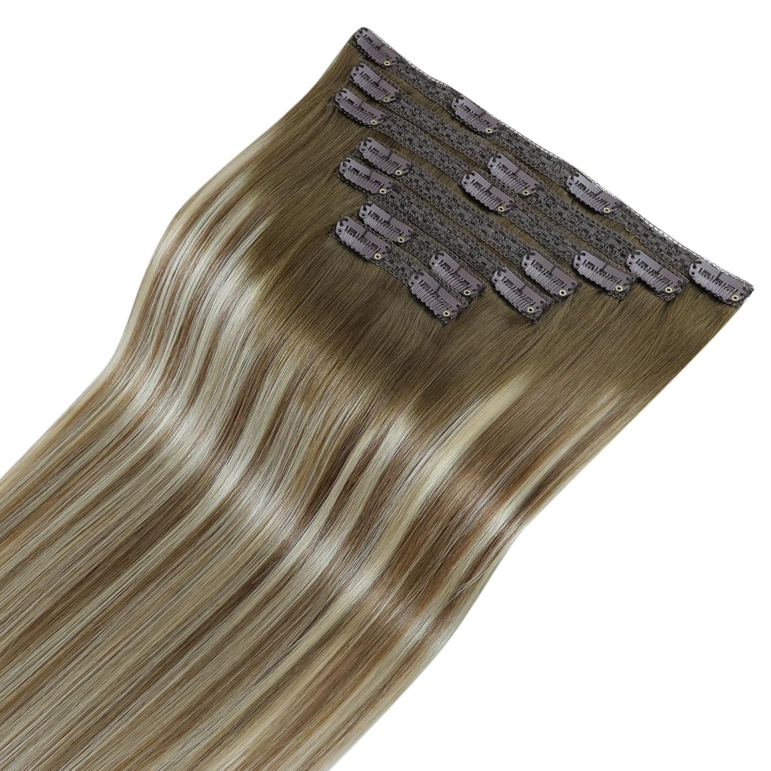 Fshine Clip in Hair Extensions Real Human Hair Dark Brown to Ash Brown Highlight Medium Blonde Clip Ins Double Weft #3/8/22 120g 22inch 7pcs Girl Boss Everyday Upgrade