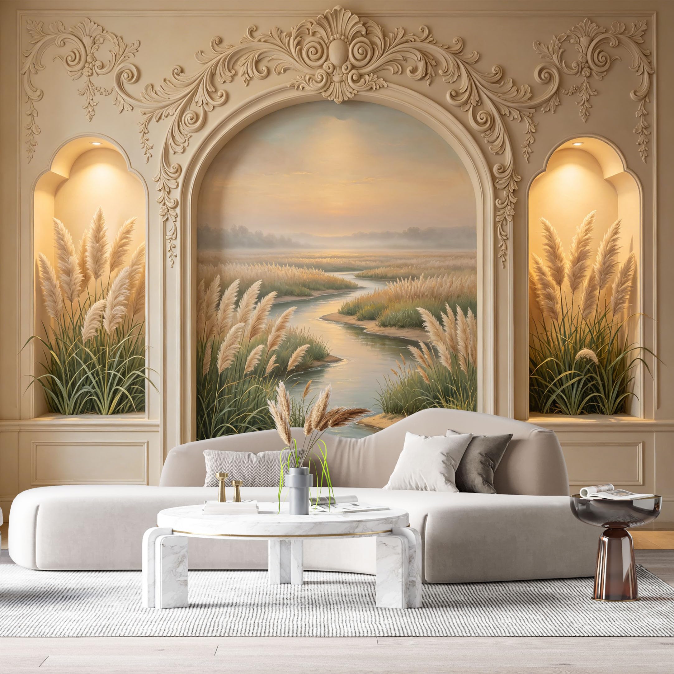 Custom Size Wall Murals Neoclassical Landscape Oil Painting River Reeds 3D Trompe L'Oeil SelfAdhesiveWall Fabric Removable Wallpaper Wall Decor for Living Room Bedroom Bathroom