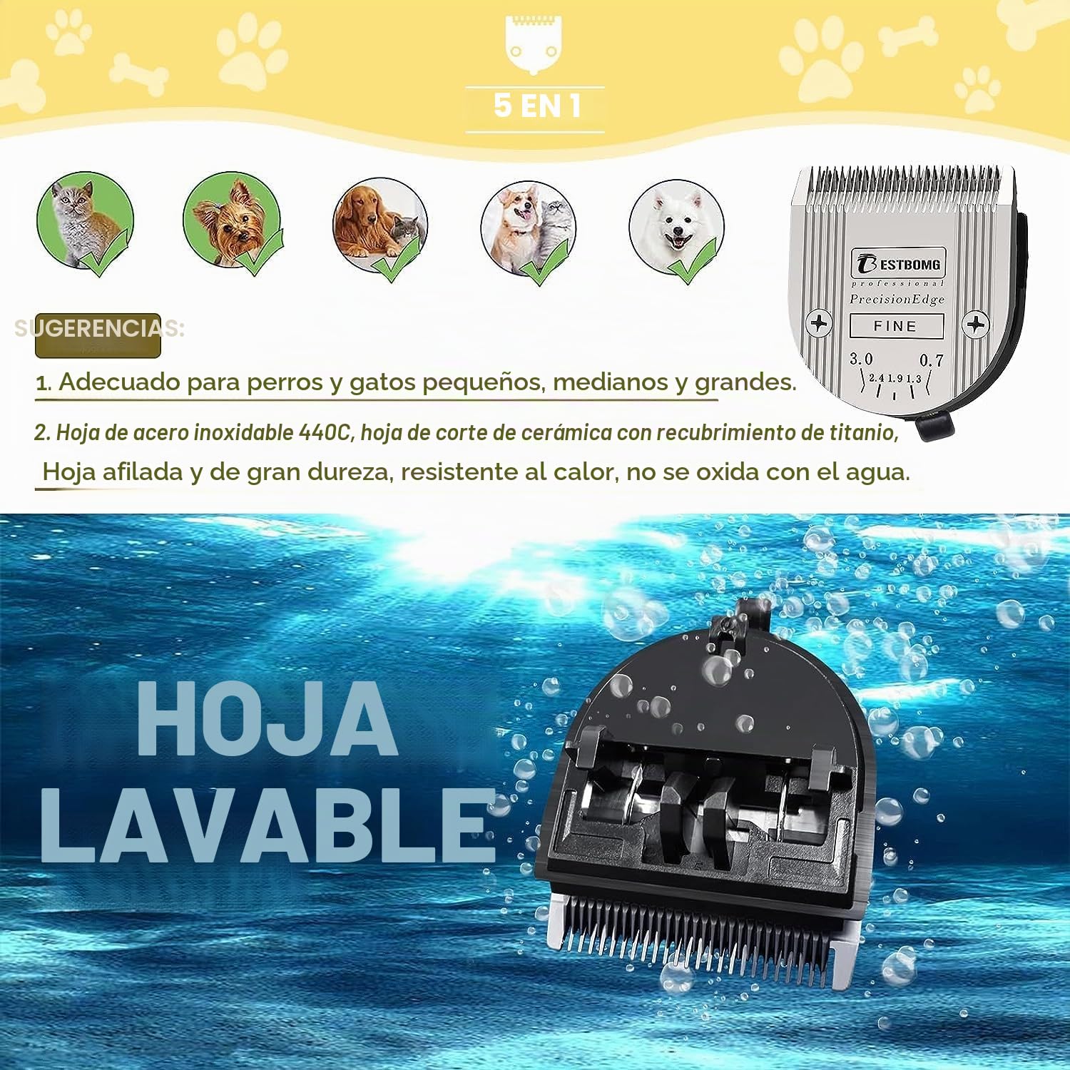 BESTBOMG Cuchillas profesionales 5 en 1 para perros con longitud de corte ajustable de 0,7 a 3 mm, compatible con Wahl Arco, Bravura y Moser Arco 1870/1871/1872/1873/1854, 2 unidades