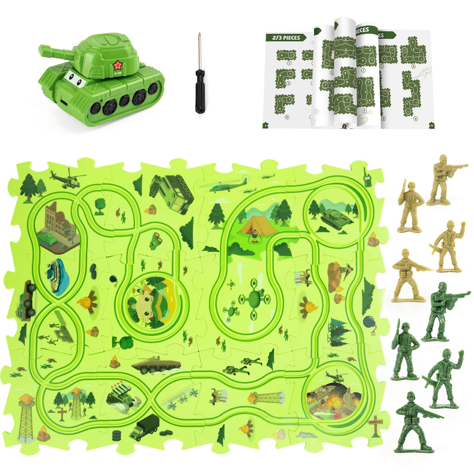 Puzzle Track Car Set Toy, Army Figures Race Car for Kids Age 3-5, Plastic Puzzle Track wiht Vehicle for Toddlers 4 5 6 7 Year Old, Military Figure Toy Gifts for 3 4 5 6 7 8 Year Olds Kids
