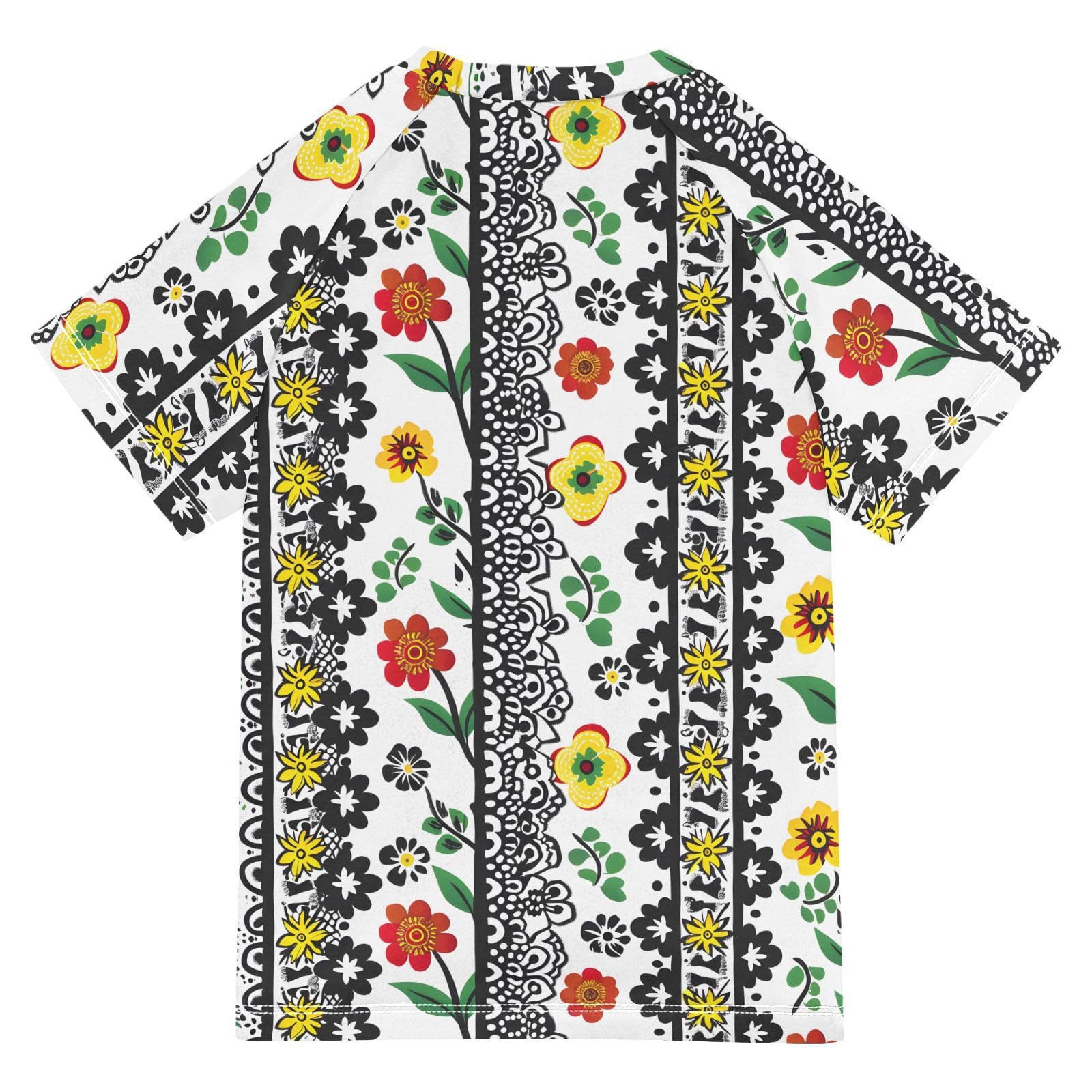 ALAZA Boys Swim Shirts Toddler Rash Guard Short Sleeve Rashguard Flower Black White UPF 50+ 11-12T