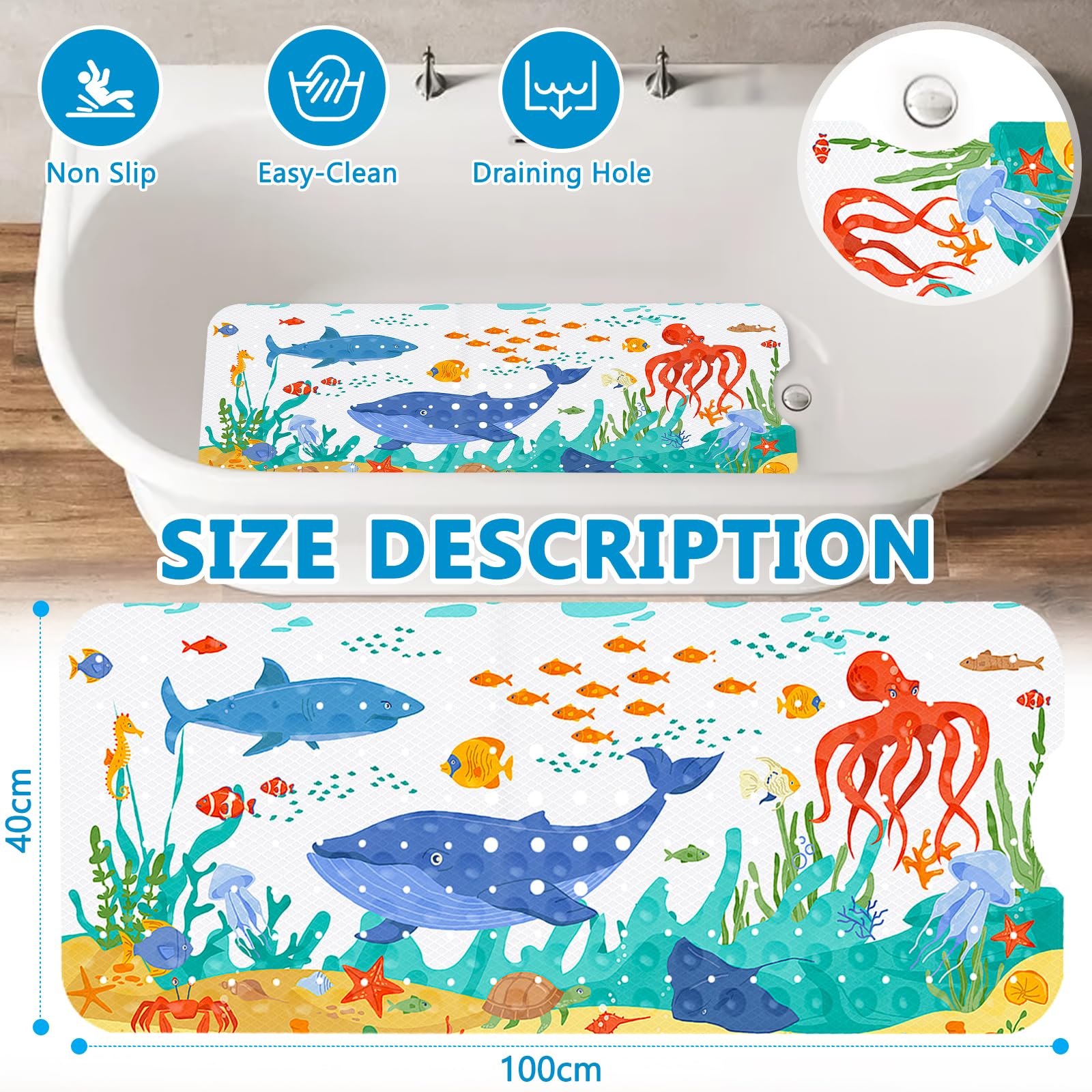 Tapis de Bain Antidérapant pour Enfants 100x40cm PVC 200 Ventouses Lavable en Machine