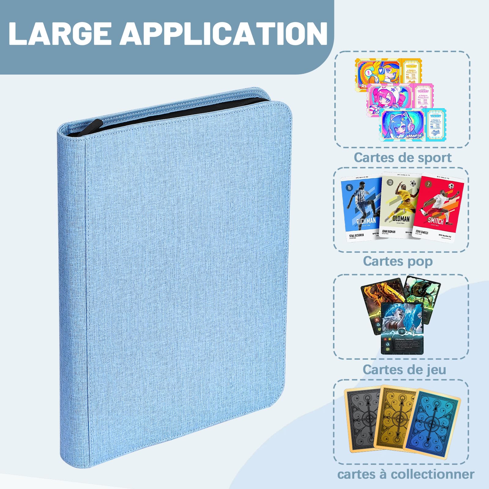 Lictin Raccoglitore carte 504 tasche – 28 pagine Album di carte da collezione con chiusura a zip, taccuino per carte da gioco, libro con copertina in pelle (blu)