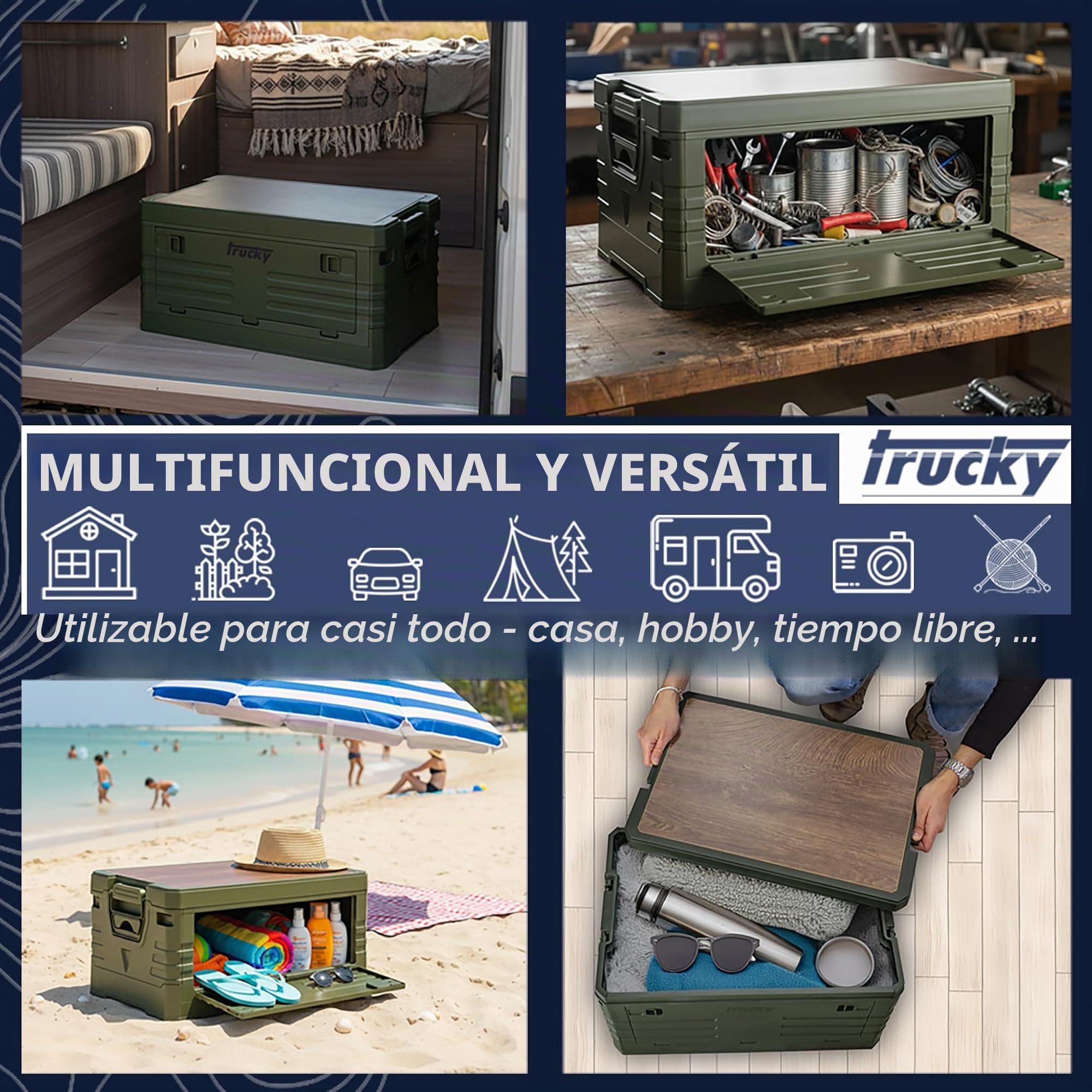 Caja de almacenamiento Trucky, 75 L 58 x 40 x 33 cm, Camping, Caja plegable, Caja plegable con tapa, Aufbewahrungsbox con tapa, plegable, Aufbewahrung, Caja, Verde