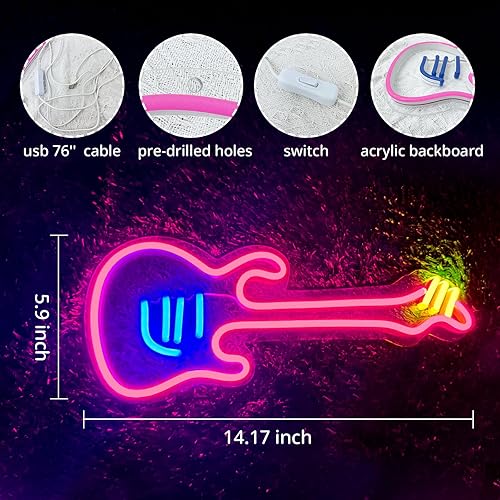 Miniatura 4 de Letrero de neón de guitarra, interruptor de encendidoapagado para decoración de pared, letrero de luz LED para decoración de dormitorio, habitación