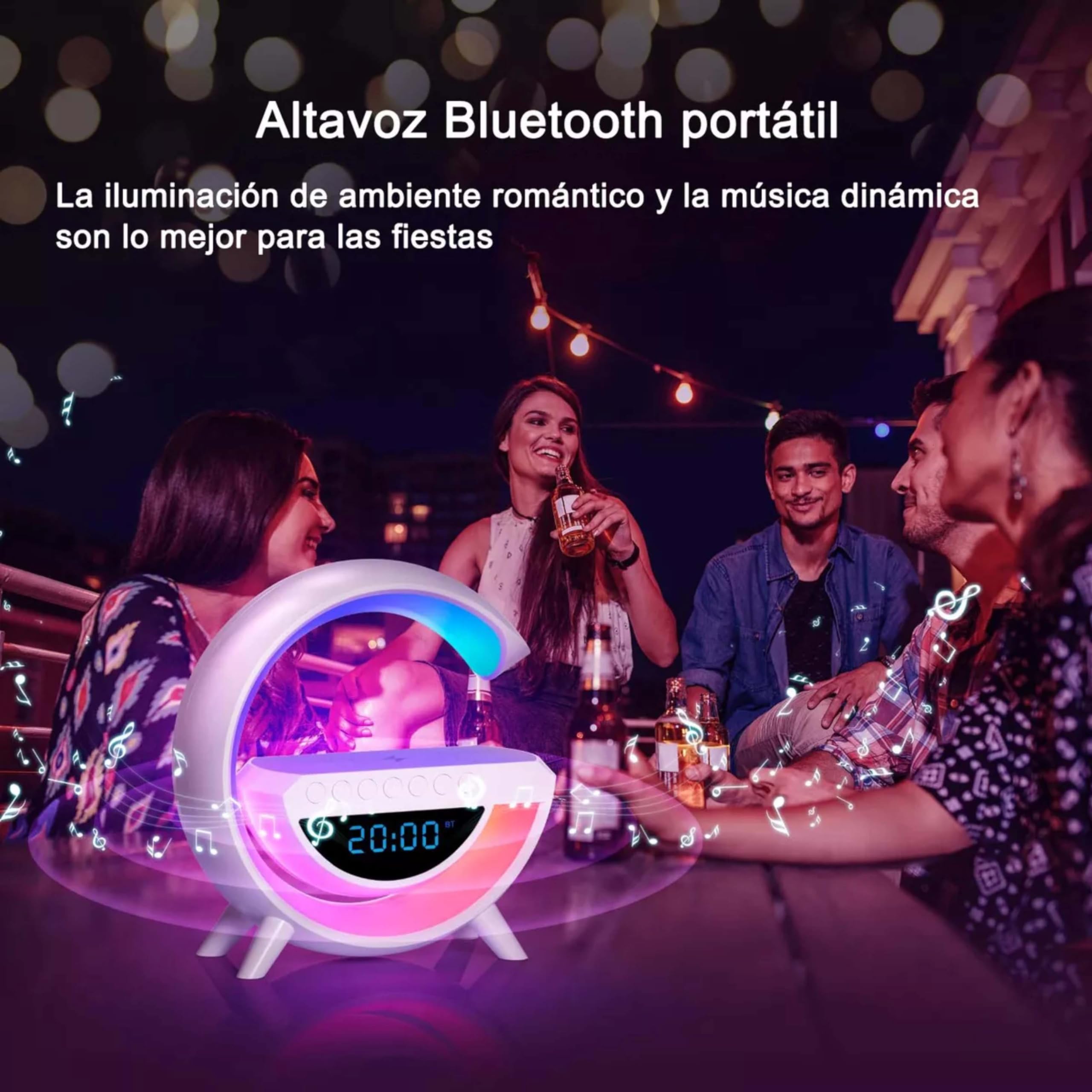 Altavoz Inteligente Sandalfon con Cargador Teléfono Inalámbrica, Bluetooth, Reloj Despertador con Luz, Lampara de Mesa LED Sincronización de Música 5 in 1, Dormitorio, Habitación, Oficina , Regalos