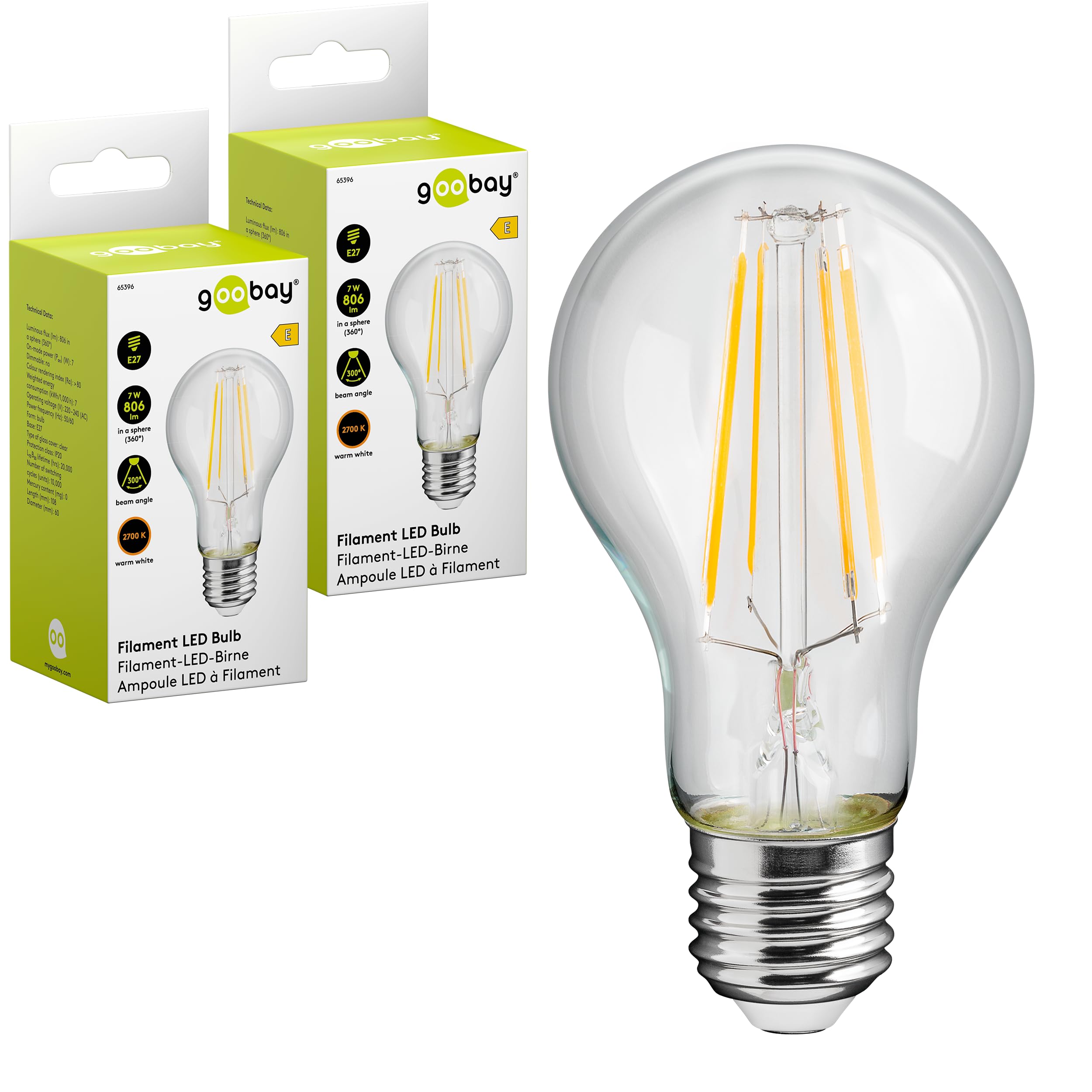goobay 74101 E27 Filament LED Birne 7W / LED Birne mit E27 Fassung/LED Lampe mit geringer Wärmeentwicklung/Nicht dimmbar/Verbrauch 7 kWh/1000h / warmweißes Licht 2700K / Kristallklar / 2 Stück