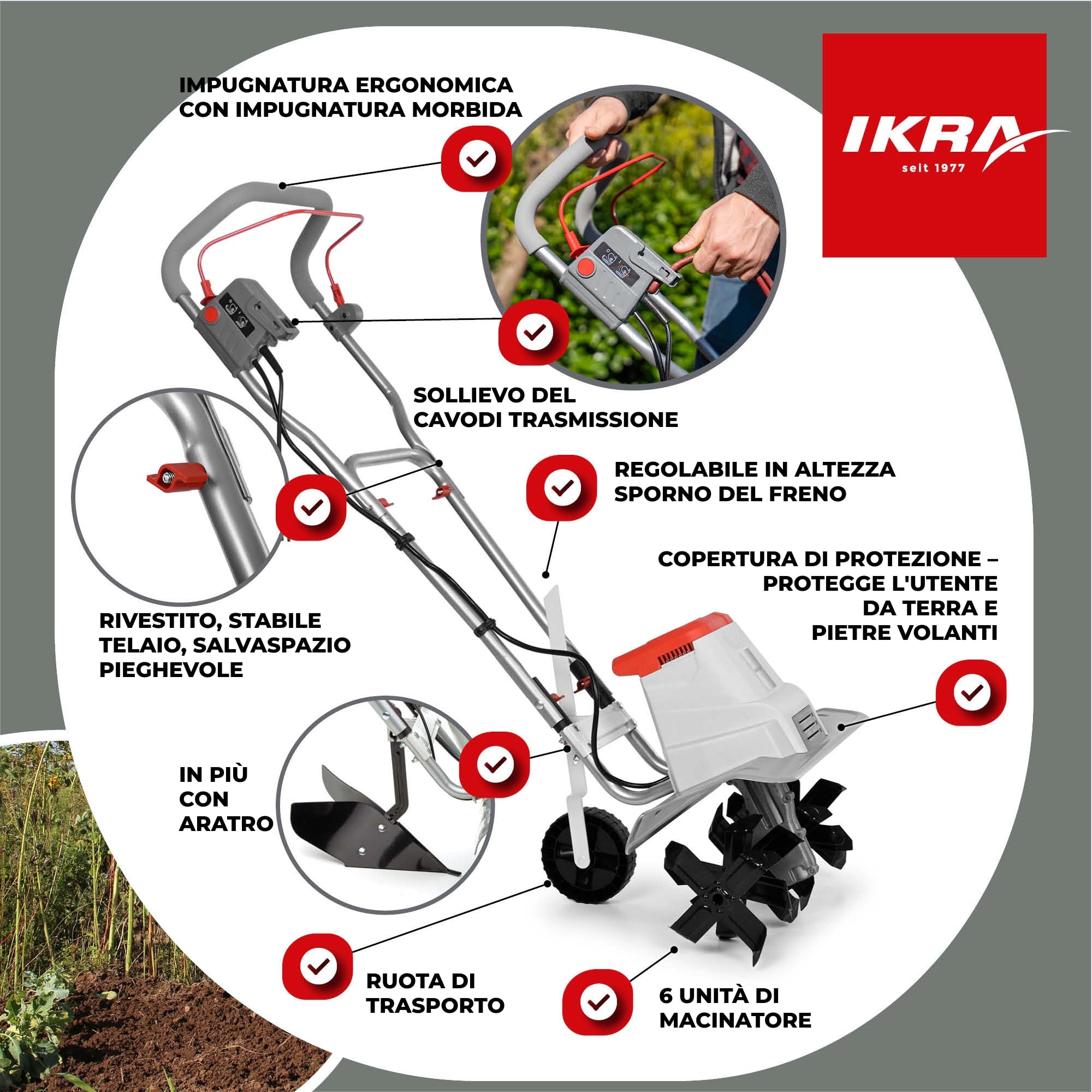 IKRA motozappa IEM 1500, 2 larghezze 32 e 45 cm, aratro per rincalzo | Prepara il terreno alla semina, 1500W, 20 cm, sperone frenante, ruota trasporto, pieghevole, protezione sovraccarico