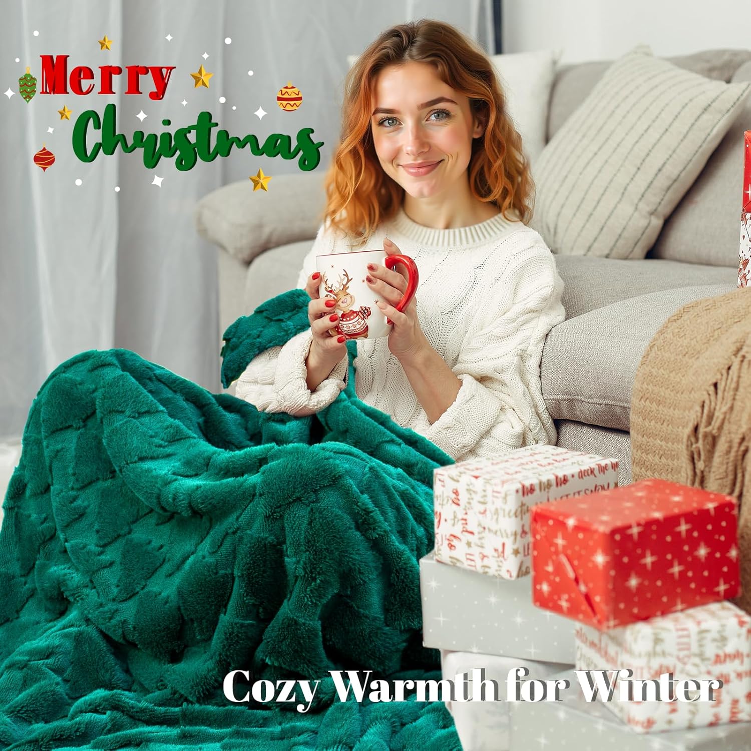 Green Christmas Throw Blanket - Christmas Blankets and Throws Green Gifts for Men Women - Soft Cozy Fuzzy Faux Fur Throw Blanket 50x60 Inch Xmas Decorations for Room Couch Sofa Bed - Image 4