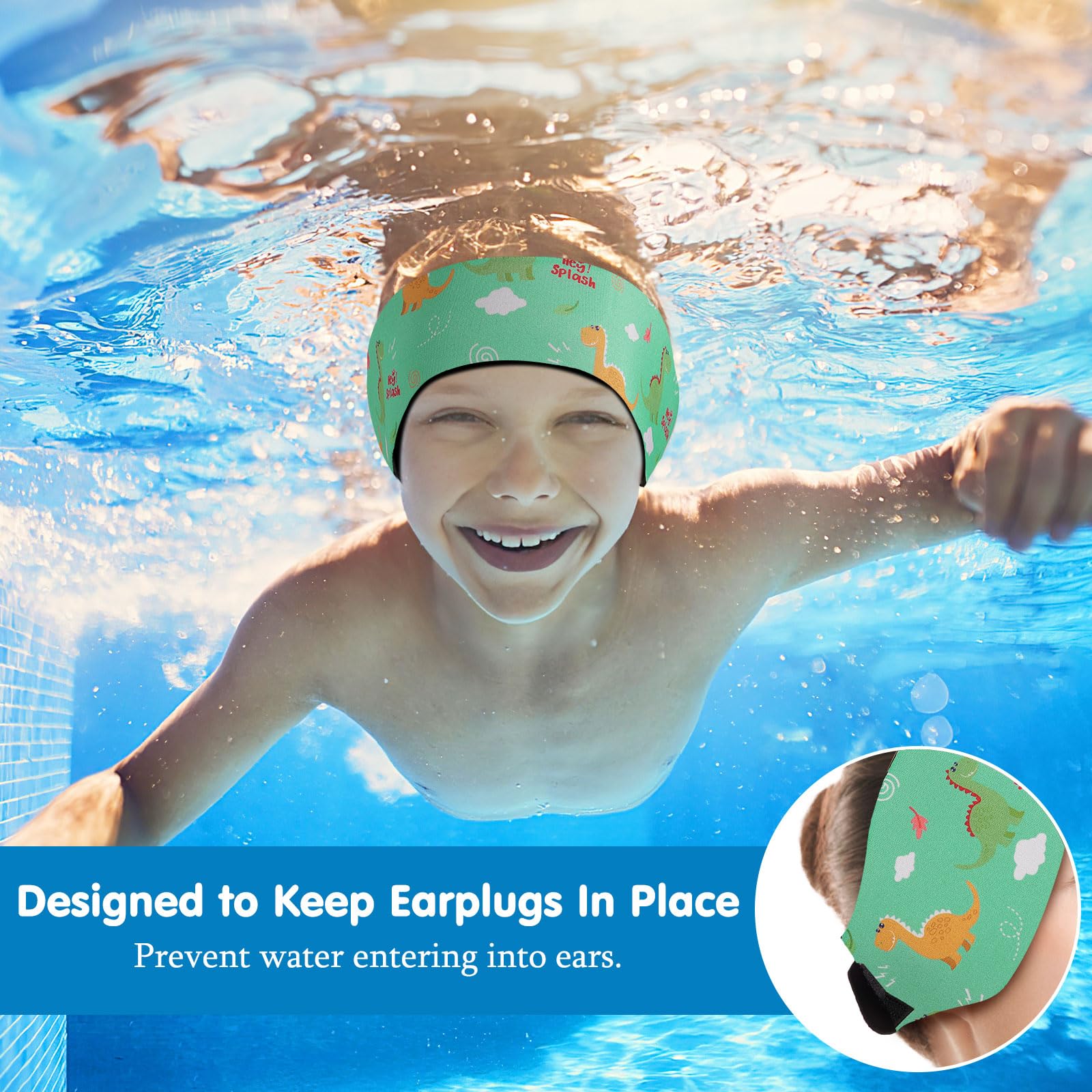 HeySplash Banda para Cabeza de Natación de Neopreno para Niños, Diadema de Oídos Ajustable y Antideslizante Buena Elasticidad para Surf Buceo Boga y Rafting, Talla M, Dinosaurio