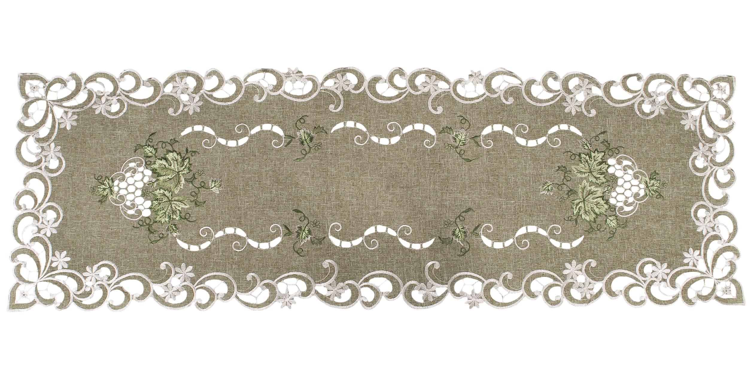 Linens, Art and Things Haftowany zielony liść na antycznej zielonej tkaninie bieżnik na stół, komoda, serwetka na stolik kawowy (16 szer. x 45 l)