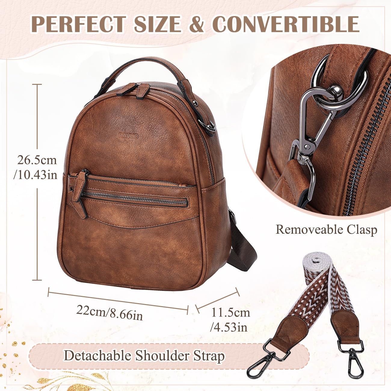 RAVUO Mochila Pequeña Mujer, Bolso Mochila de Cuero Pu Mini Mochila Casual Bolso de Bandolera Piel para Viaje Escolar