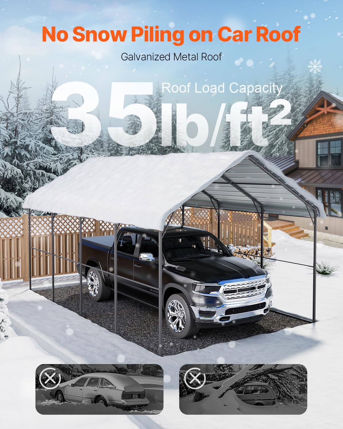 VEVOR Carport in Metallo per Impieghi Gravosi 3,6x6x3,15 m con Struttura e Tetto in Acciaio Zincato, Tenda da Garage Pareti Laterali Rimovibili, Ricovero per Auto Multiuso per Pick-up, Barca,Trattori
