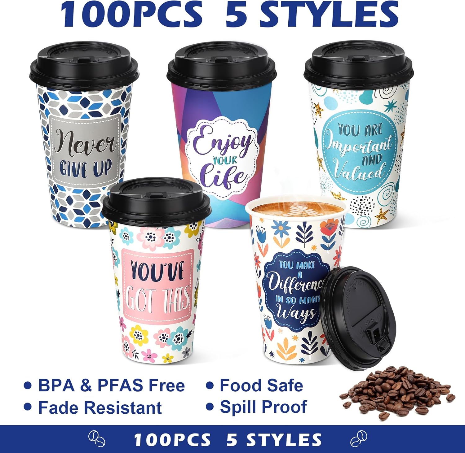 100 Pack 16 oz Disposable Coffee Cups with Lids,Motivational Paper Hot Cups with 5 Quotes for Hot and Cold Beverages,Coffee,Tea,Water,Juice - Image 2