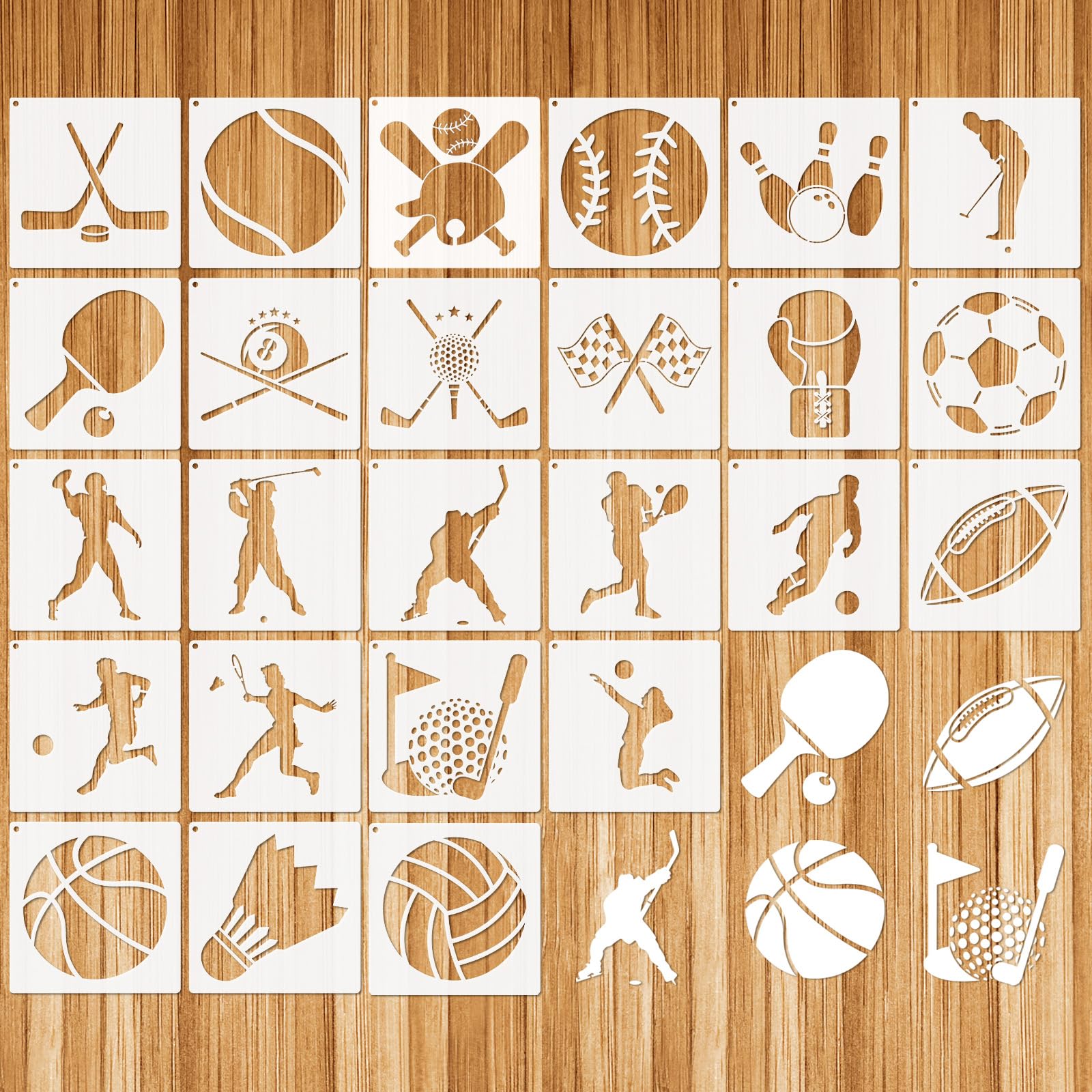 Set 50 Stencil Per Pittura A Tema Sportivo, 3 Pollici (7,6 Cm), In Plastica PET Riutilizzabile - Per Pareti, Legno, Tessuti