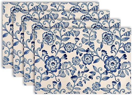 AnyDesign Mantel individual floral azul y blanco vintage para mesa de comedor, antideslizante, resistente al calor, floral, cocina, comedor,