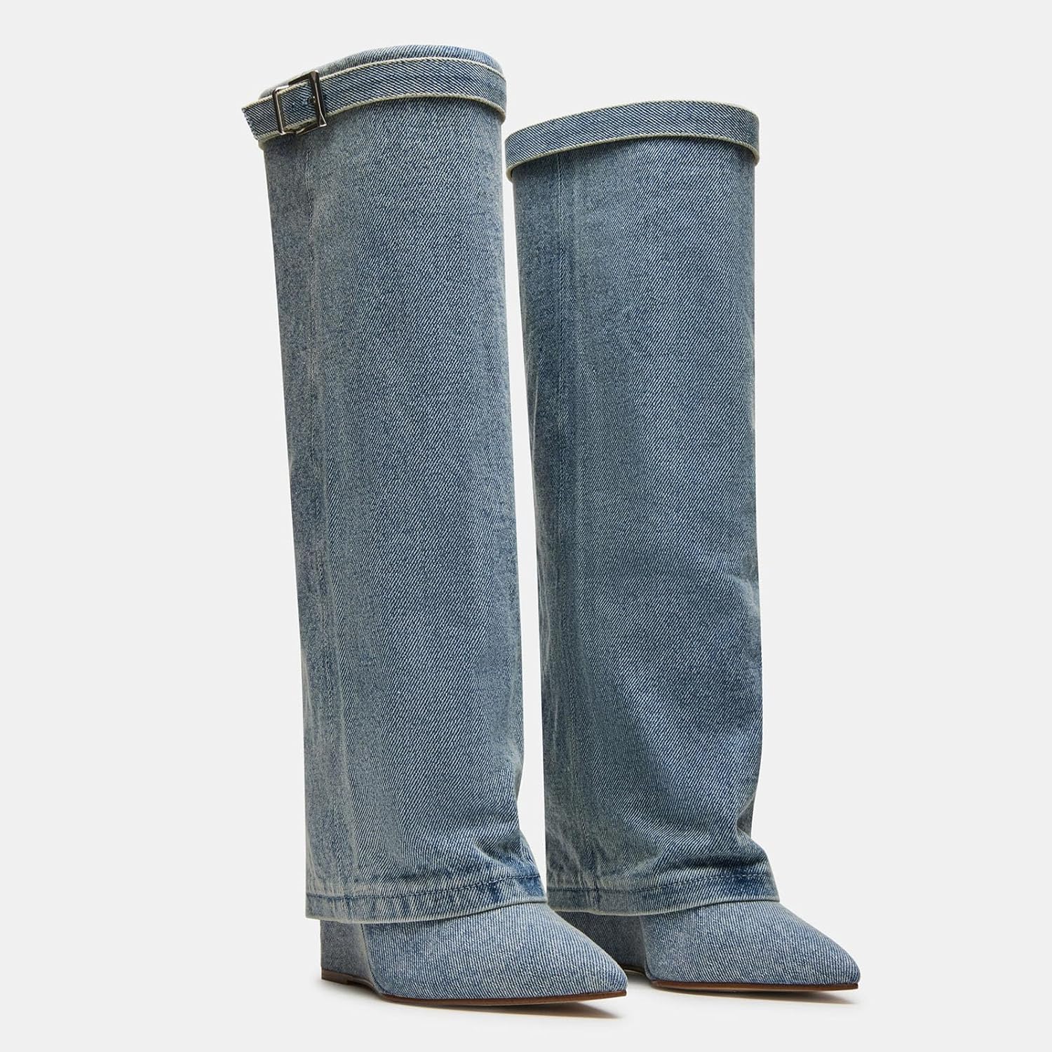 Yishaweiqi Fold Over Boots Wide-calf Wedge Heel Knee High Boot With Decorative Lock - Image 2