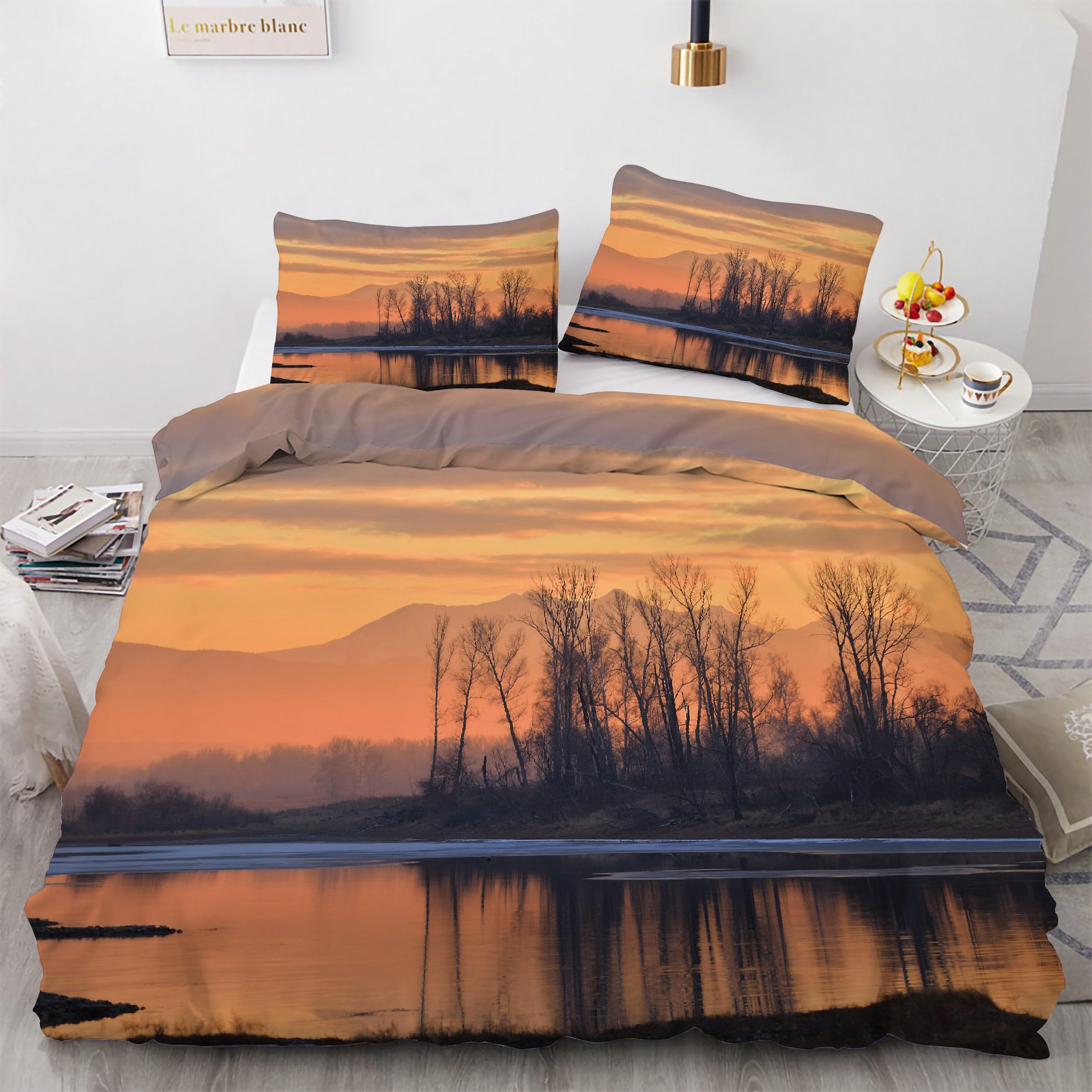 Housse de couette 200x200 paysage coucher de soleil avec 2 taies