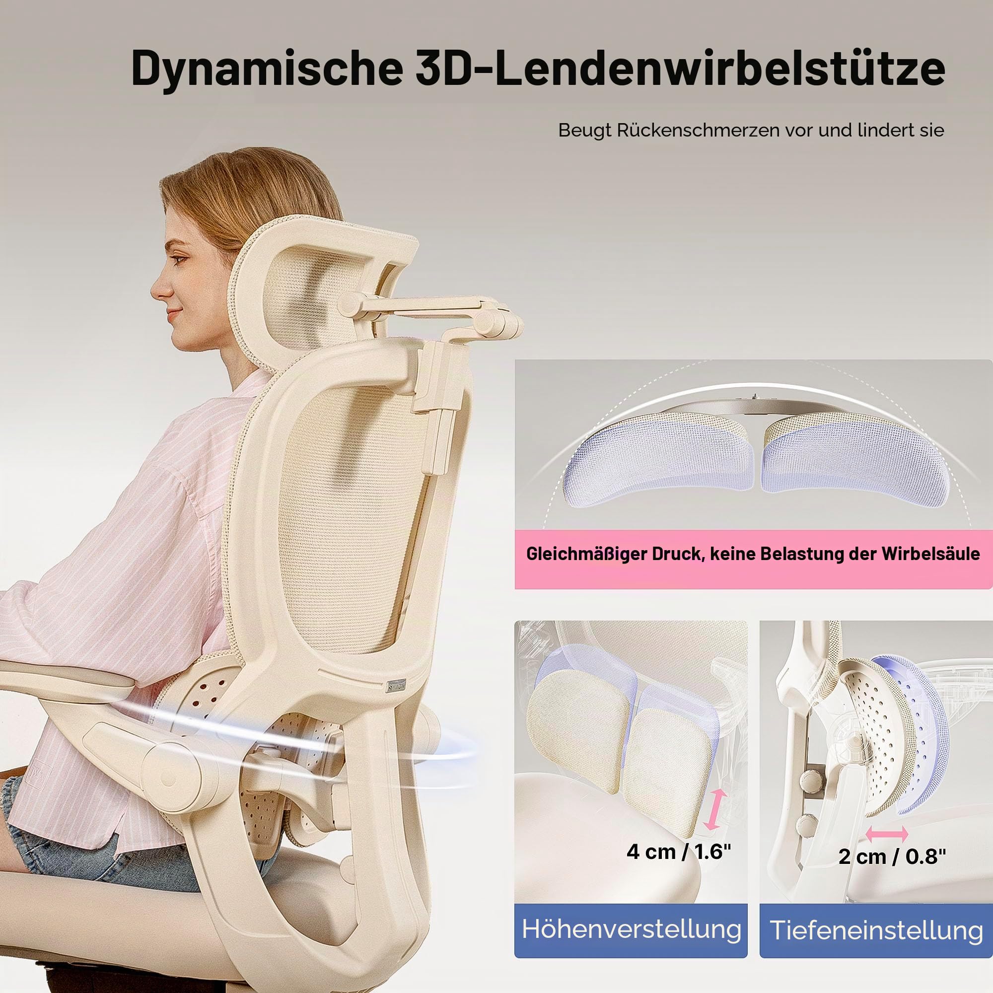 HINOMI Q2 Ergonomischer Bürostuhl mit Lendenwirbelstütze, verstellbarem Kopfstütze, Mesh-Sitz, klappbaren Armlehnen, neigbar mit Fußstütze, stilvolles Modell für Home Office & Studium (Grau)