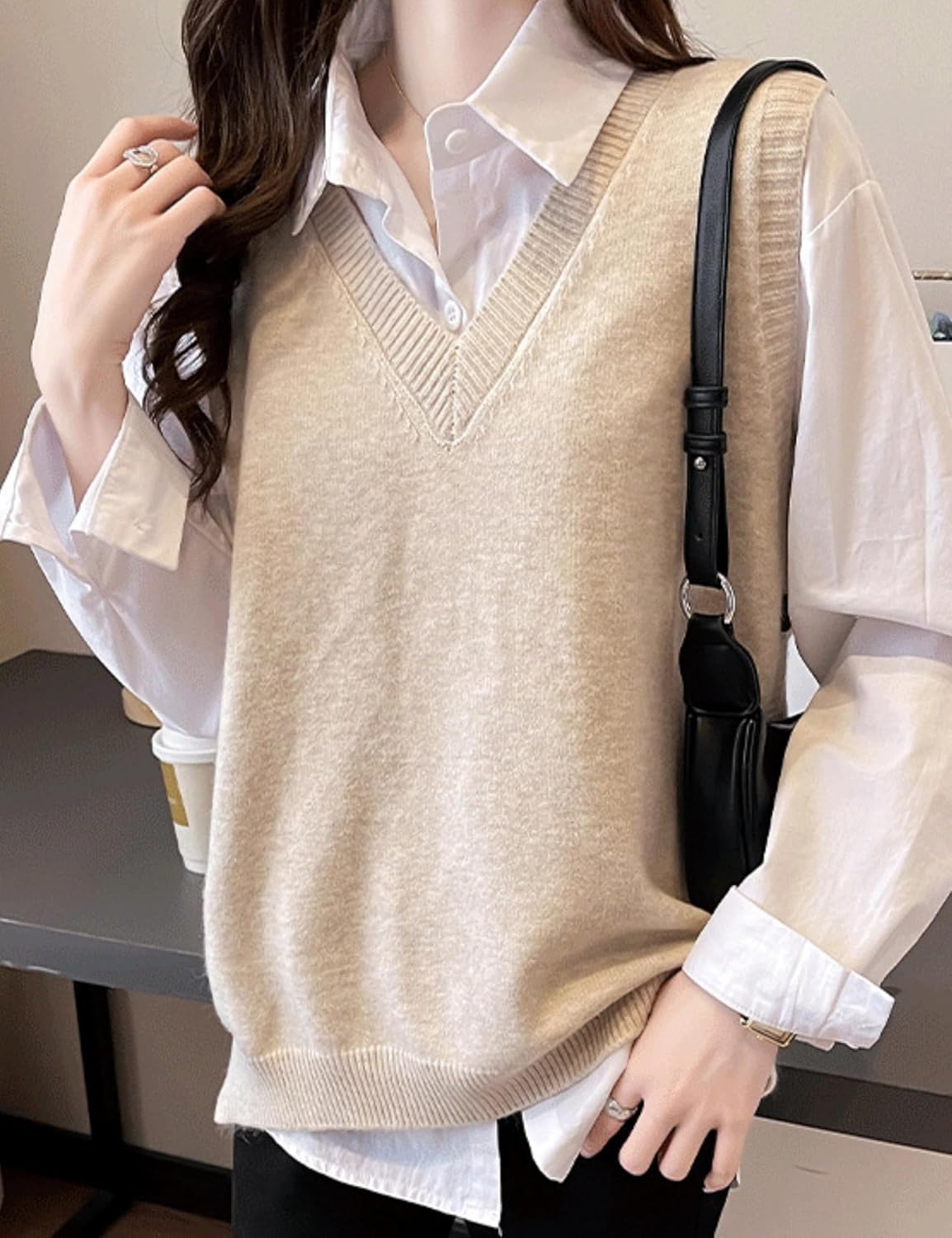 Women's Casual V Neck Sleeveless Pullover Knit Vest Fall Ribbed Sweaters Tops - Image 3