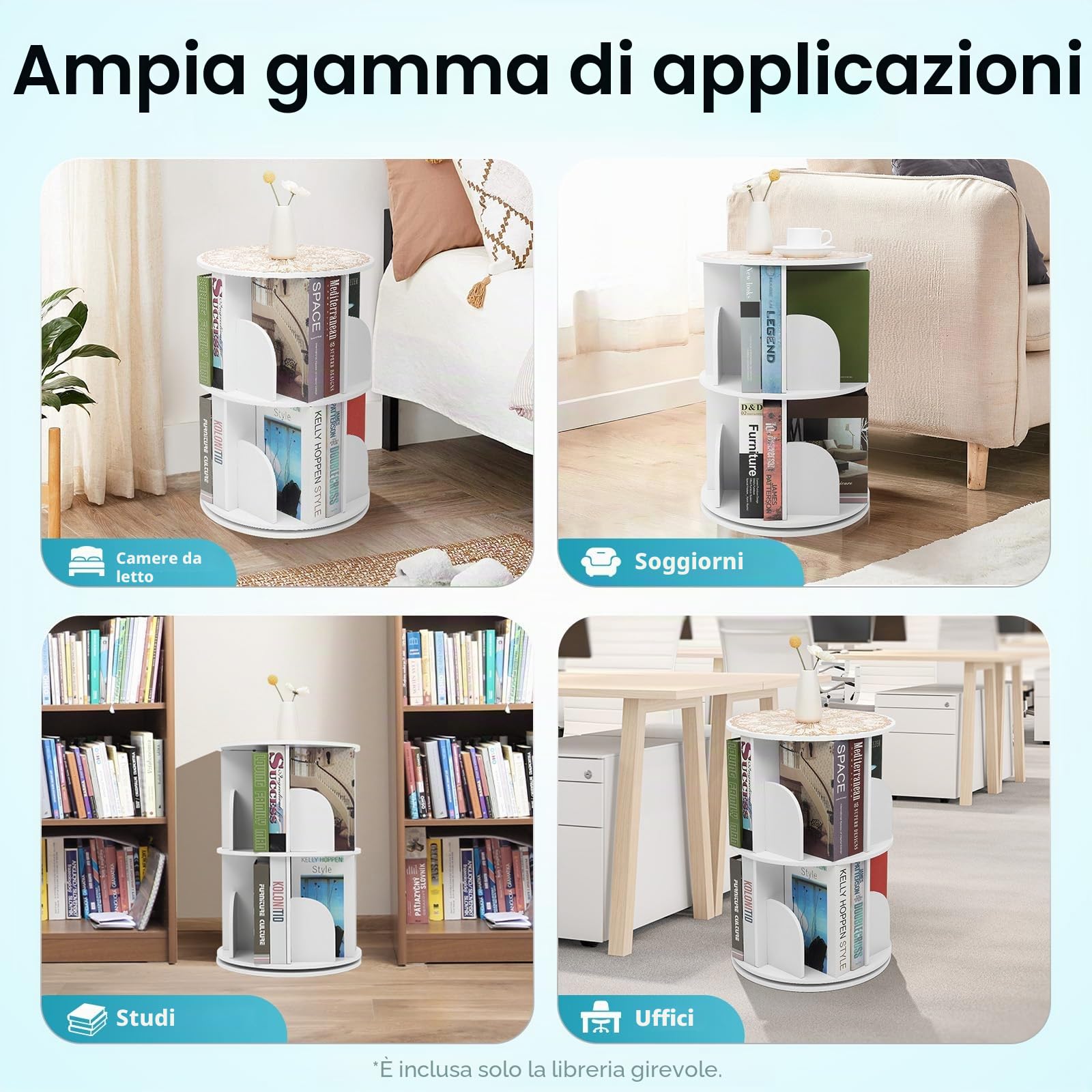 Libreria girevole a 2 livelli, scaffale girevole a 360 gradi, per soggiorno, camera da letto, ufficio, cameretta dei bambini, bianco