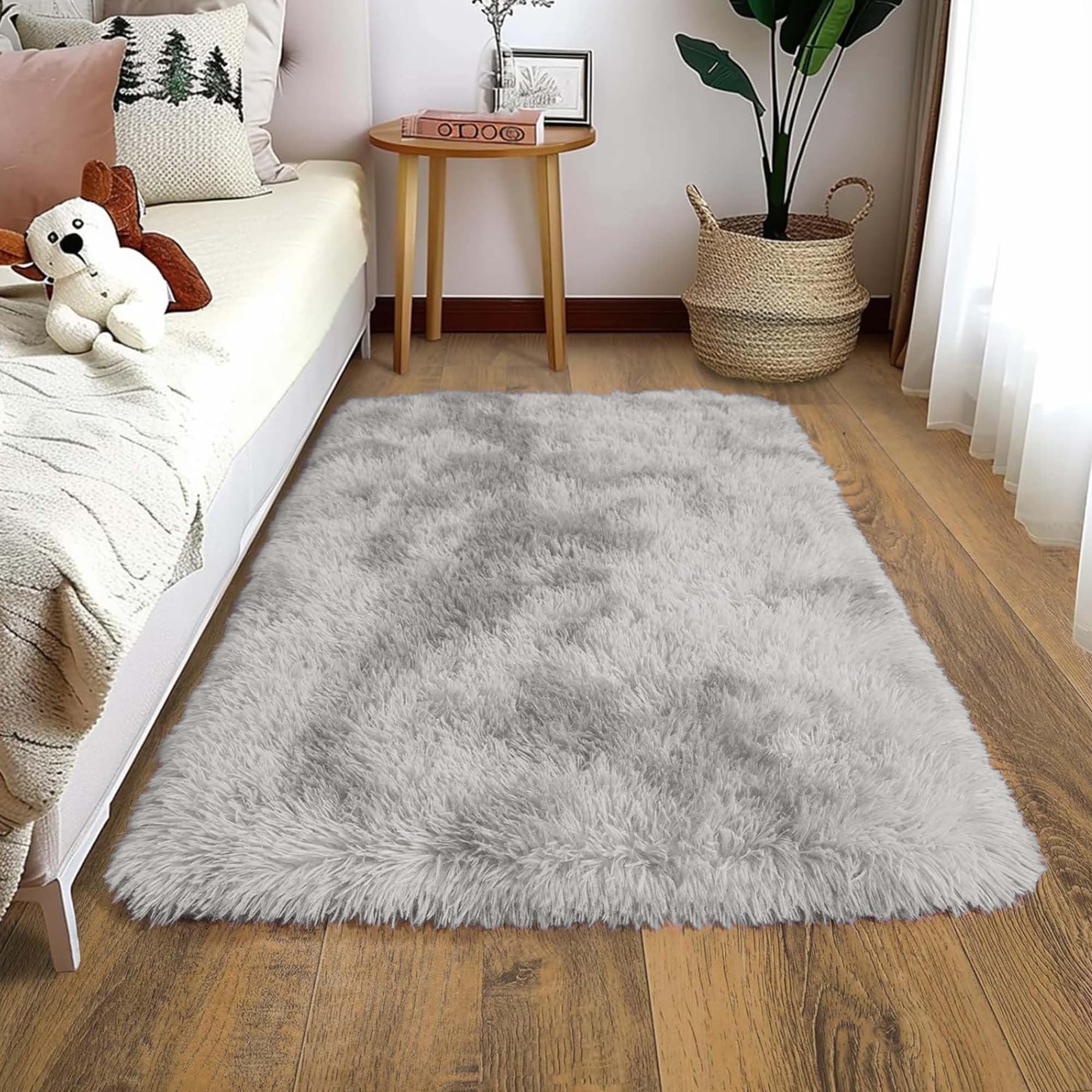 MOONLIGHT20015 Small Area Rugs for Living Room – Soft & Fluffy Entryway Tie-Dyed Light Grey 2x3 Shaggy Carpet, Non-Slip Indoor Floor Rug for Bedroom, Nursery, and Kids Room Modern Aesthetic Home Decor