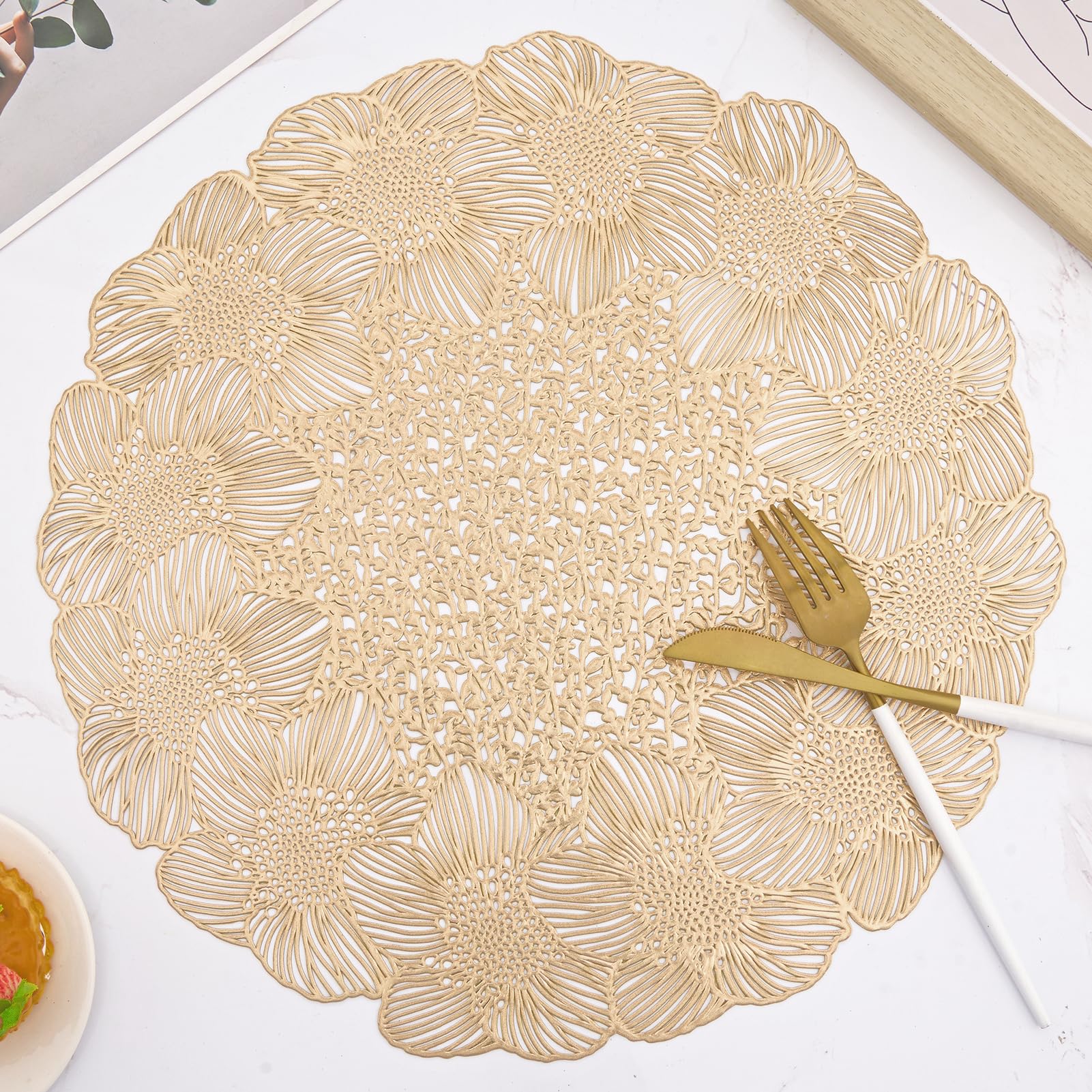 Juego de 6 manteles individuales redondos de vinilo dorado de 15 pulgadas, diseño de flores, lavables, antideslizantes, resistentes al calor, para mesa de comedor, decoración de fiestas