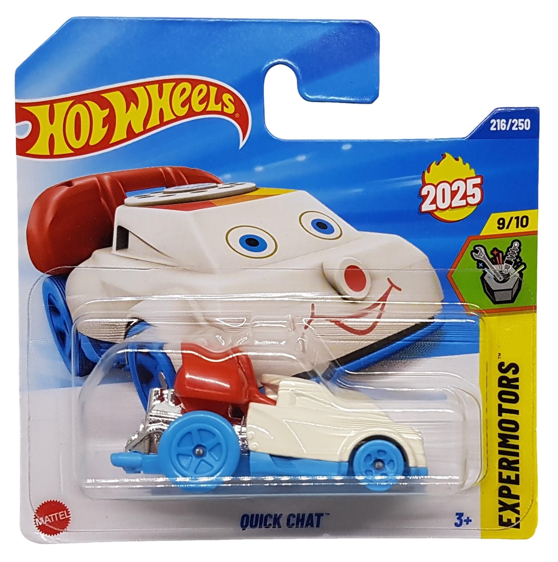 Hot Wheels Quick Chat HYW45 Experimotors 9/10 Short Card Retro Phone Design Mattel 2025 1:64, Chrome, Colorful, 3 inches