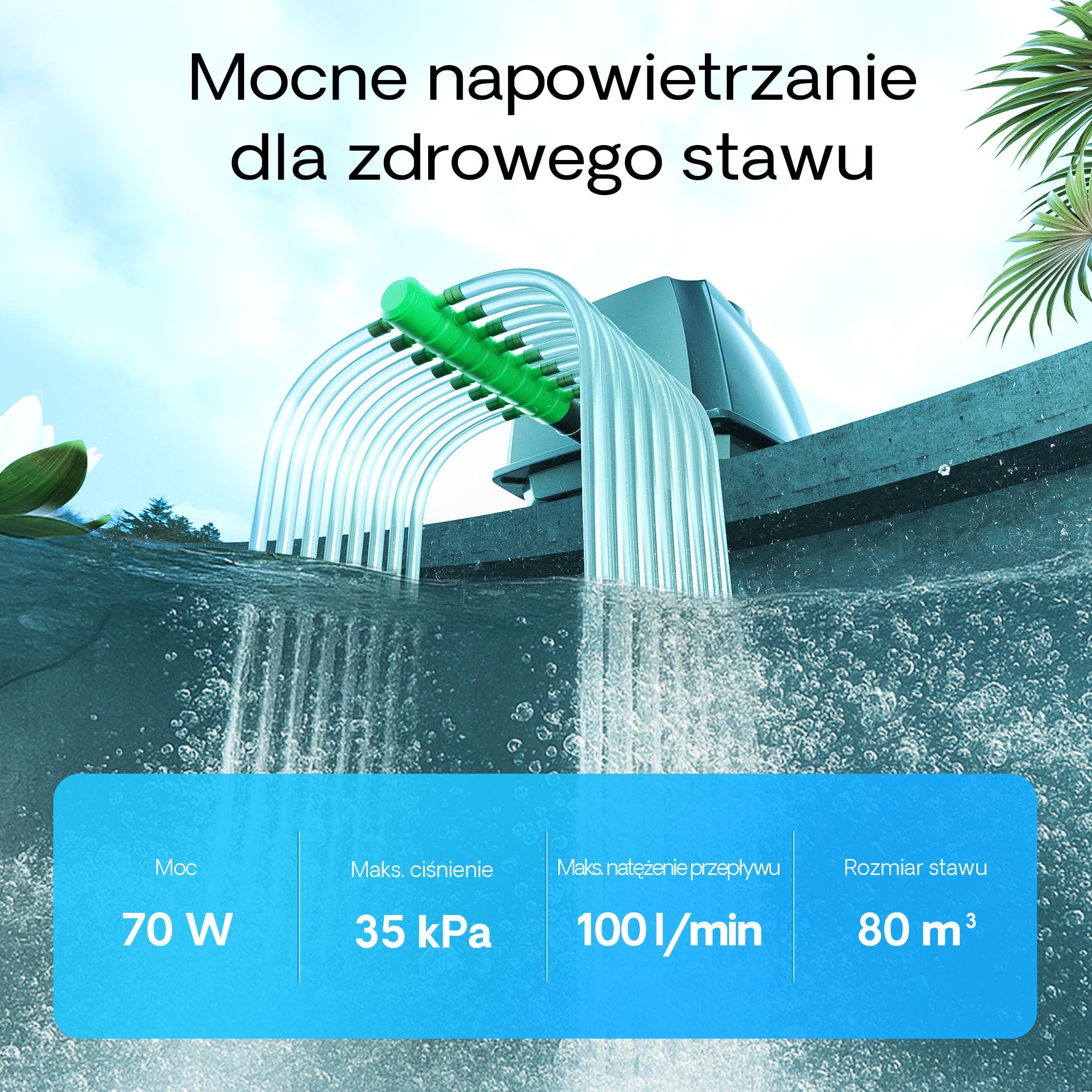 SunSun CAP-100 Napowietrzacz 70 W do akwarium i oczka wodnego o pojemności 80 m³, 100 l/min, cicha pompa napowietrzająca z 16 wylotami