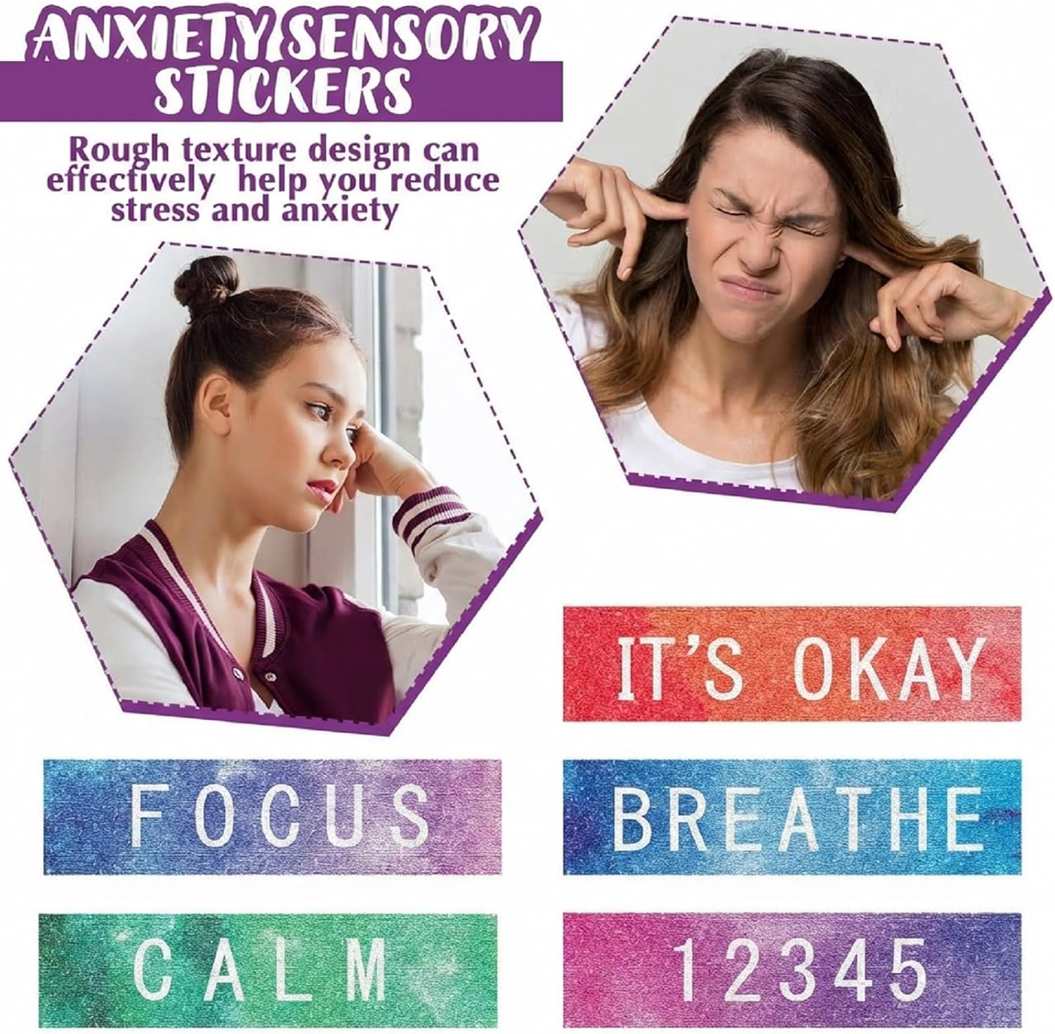 Crtiin 50 Pieces Anxiety Sensory Stickers for Anxiety Relief Calm Textured Mental Health Stickers Breathing Fidget Relief Strips for ADHD Teen Adult Office Classroom Desk Stress(Tie Dye)