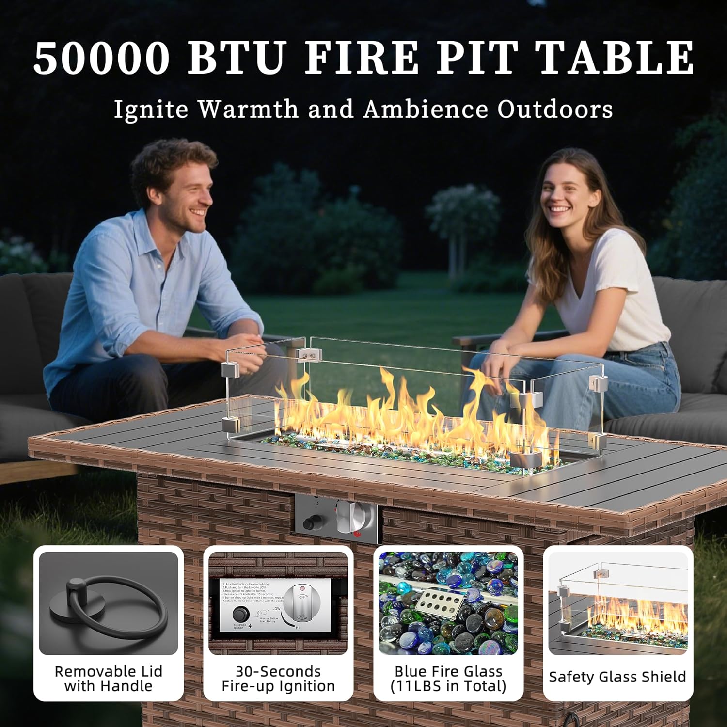 Features of the 50,000 BTU fire pit table, including removable lid, 30-second ignition, blue fire glass, and safety glass shield.
