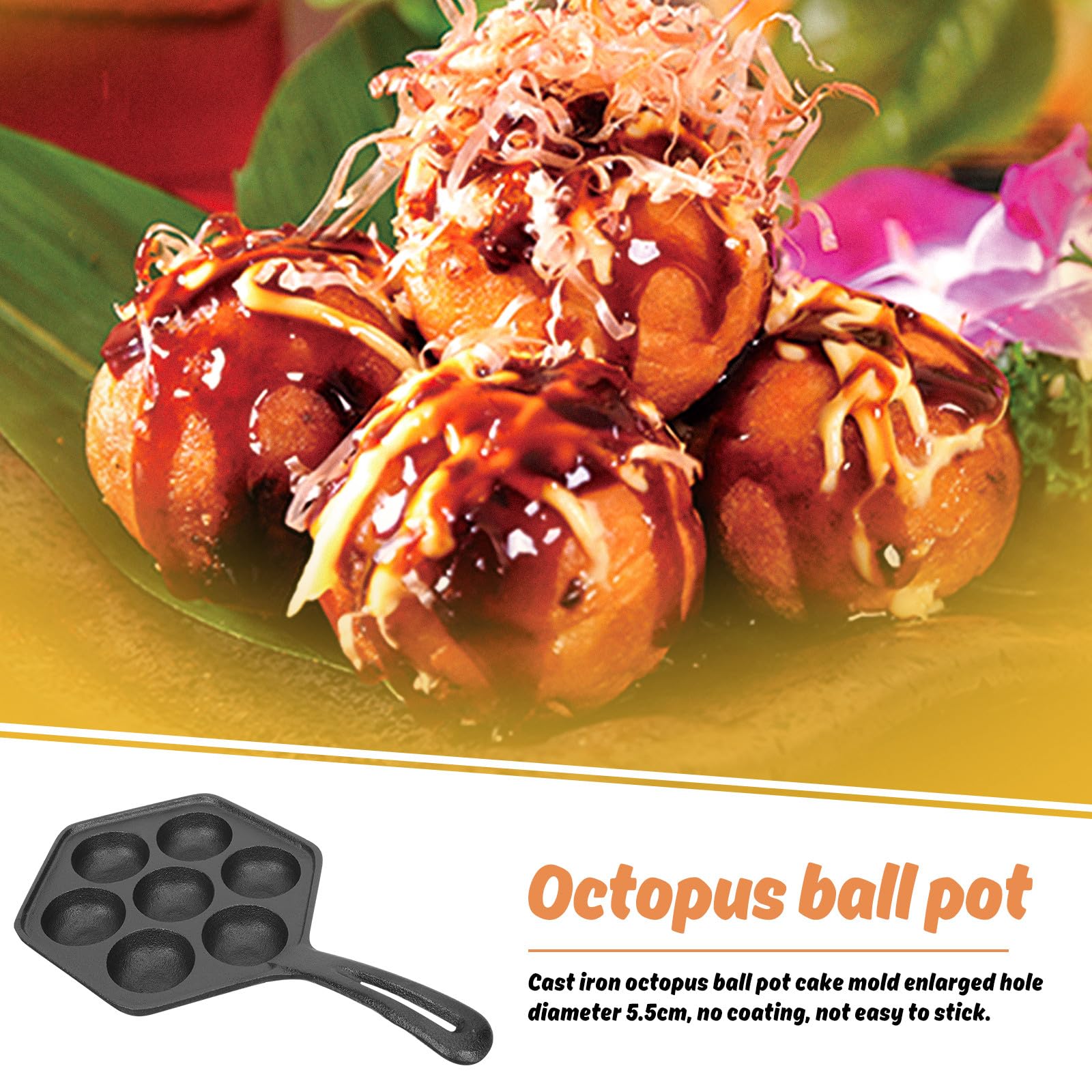 Tofficu Molde para Takoyaki de Hierro Fundido Negro, Diámetro 5, 5 Cm | Revestimiento, Resistente al Desgaste, Mango Aislante del Calor, para Barbacoa al Aire Libre y Familia