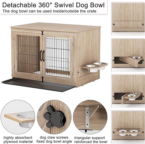 Miniatura 2 de Piskyet Wooden Dog Crate Furniture with 360 Rotatable Removable Dog Bowls Dog Crate End Table with Tray Double Doors Dog Kennels Indoor for Small