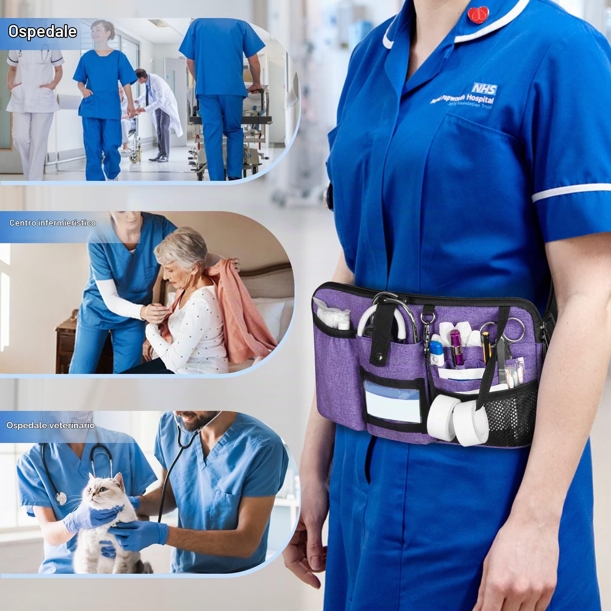 Trunab Marsupio Infermiere Multifunzionale con 12 Tasche per Stetoscopio, Porta Nastro Adesivo, Cintura in Vita Regolabile, Organizer Infermiere per Infermiera e Studente di Infermieristic, Viola