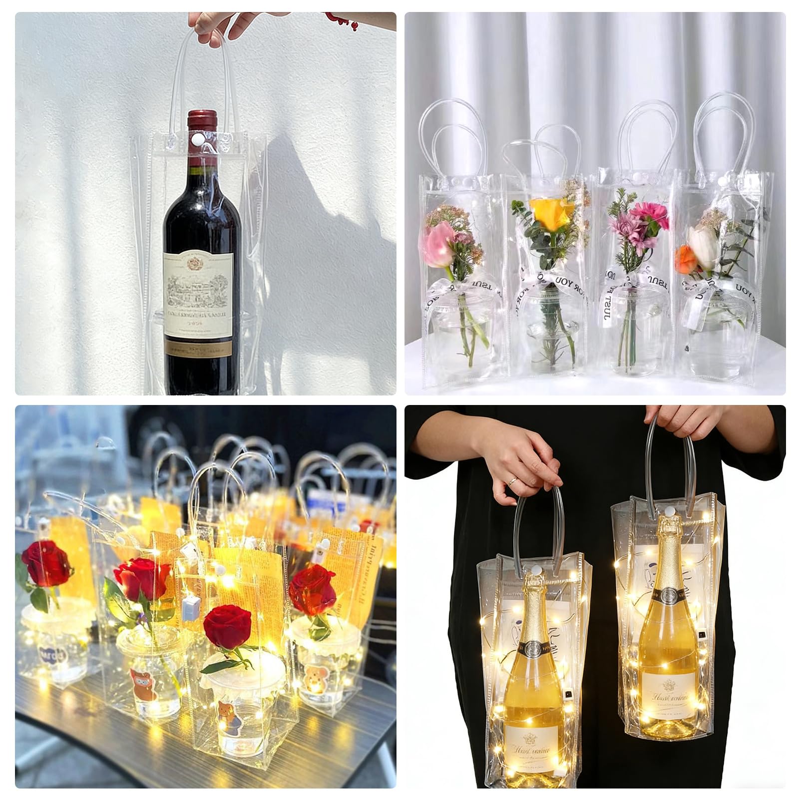 Lot de 24 refroidisseurs de bouteilles Ice Bag - 10 x 25 x 10 cm - Transparent - Sac à glace en PVC - Sac à glace anti-fuite avec poignée pour bière froide, vin, boissons, fête, extérieur