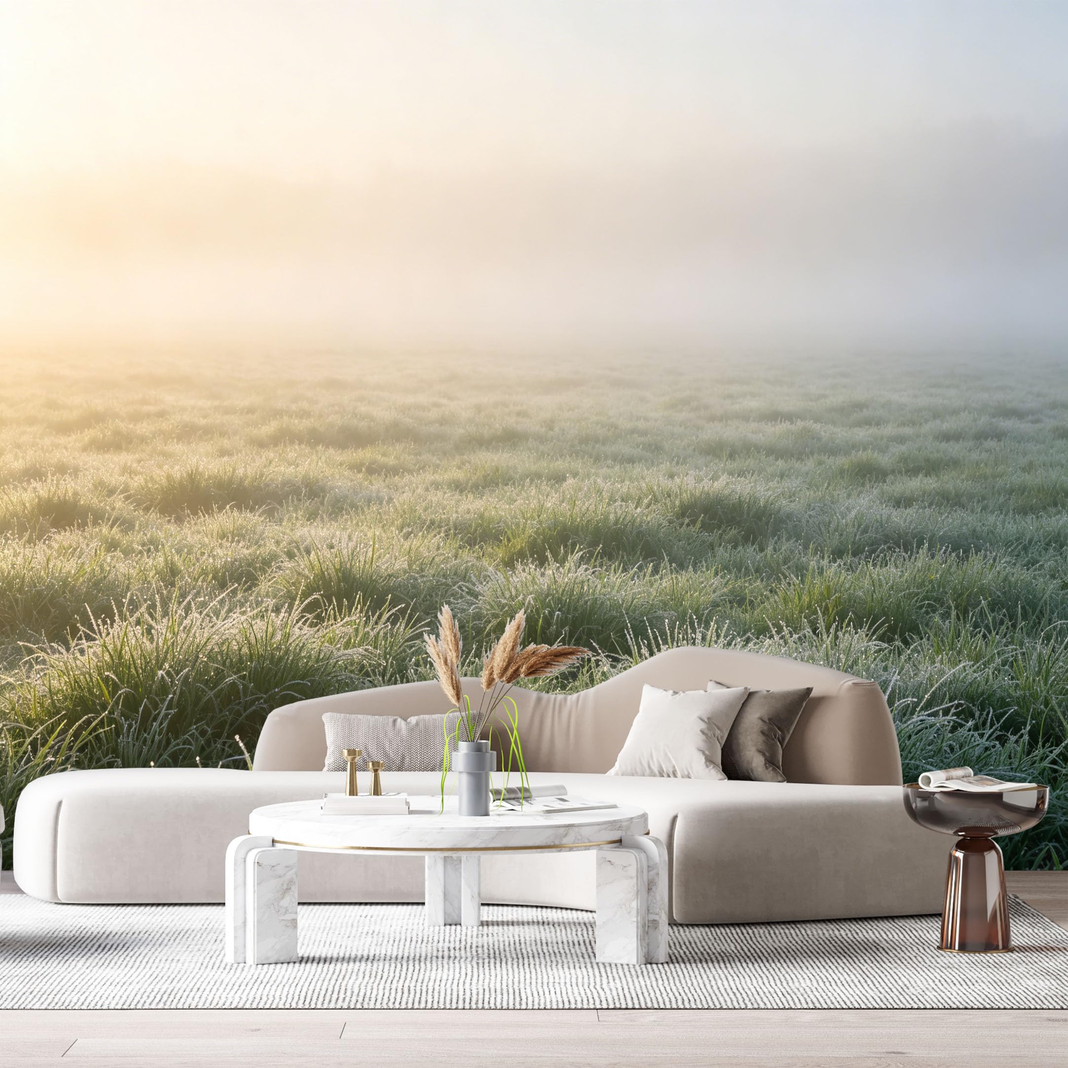Custom Size Wall Murals Misty Meadow Landscape Morning Fog Field Botanical Natural View SelfAdhesive Wall Fabric Removable Large Wallpaper for Photo Living Room