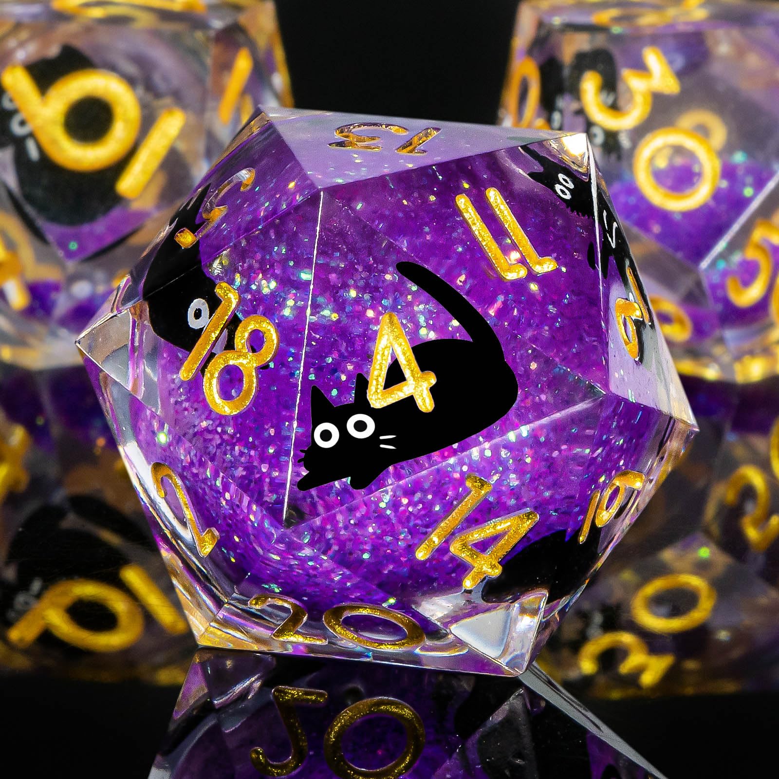 OUKELANWO Cat Liquid Core DND Dice Set, Purple 7 Pcs Resin D&D Dice, Sharp Edged Role Playing Dice D20 D12 D10 D8 D6 D4