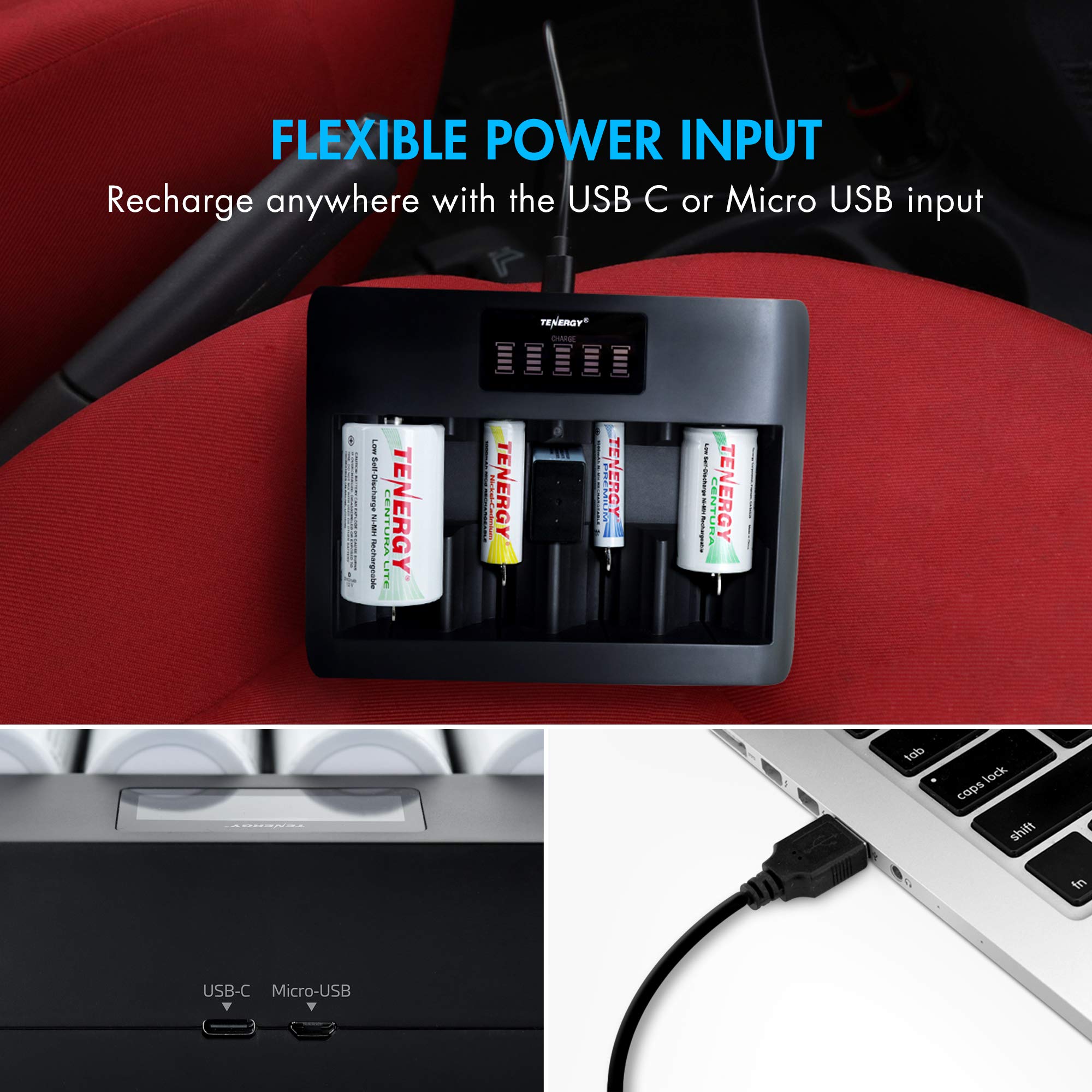 Tenergy Confezione da 4 batterie Centura Lite D Size e caricabatterie universale TN486U a 5 alloggiamenti con LCD, ingresso micro USB/tipo C
