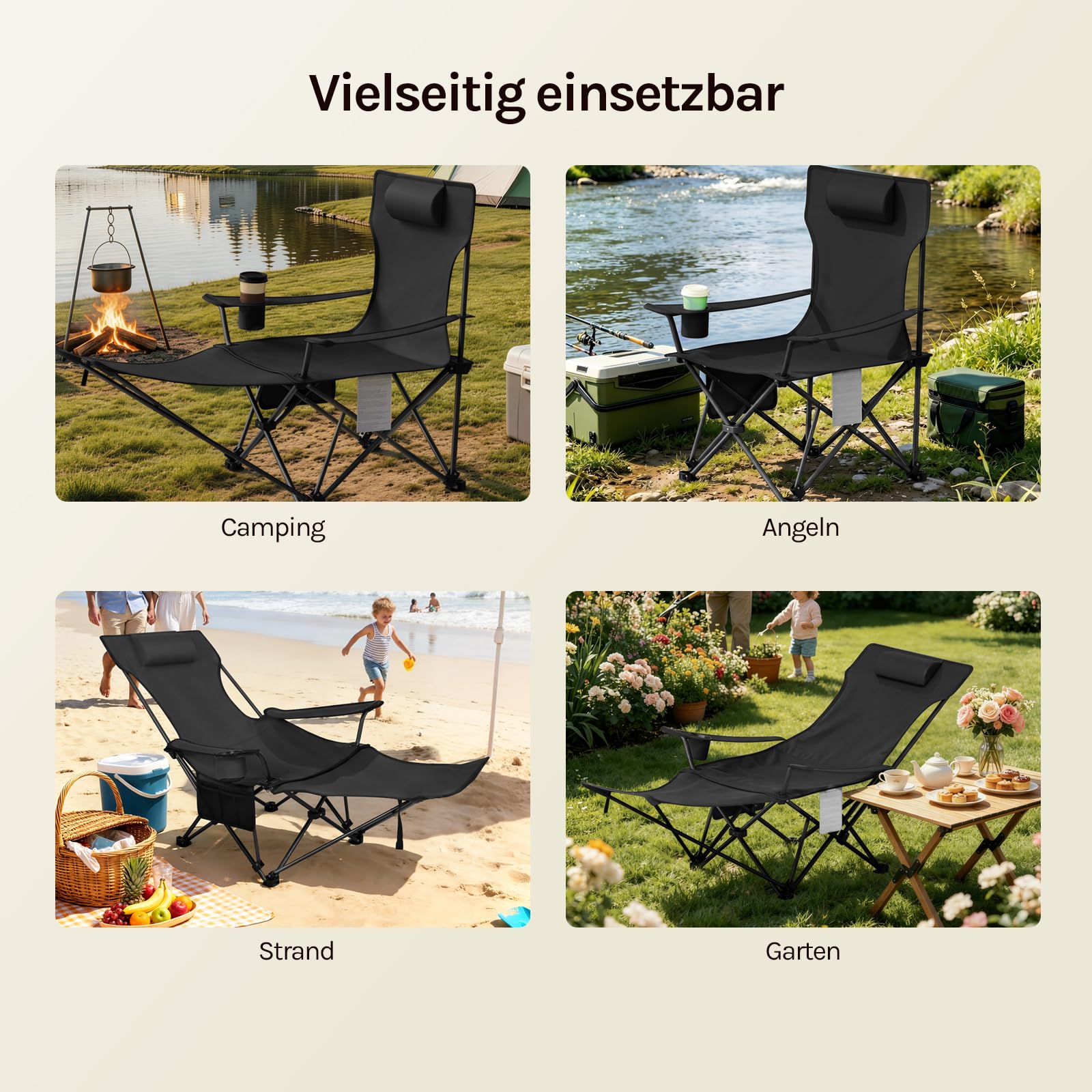 WOLTU Campingstuhl Faltbar mit Fußablage,2-in-1 Strandstuhl klappbar,Angelstuhl Camping Klappstuhl mit Getränkehalter Aufbewahrungstasche für Camping Strand Angeln