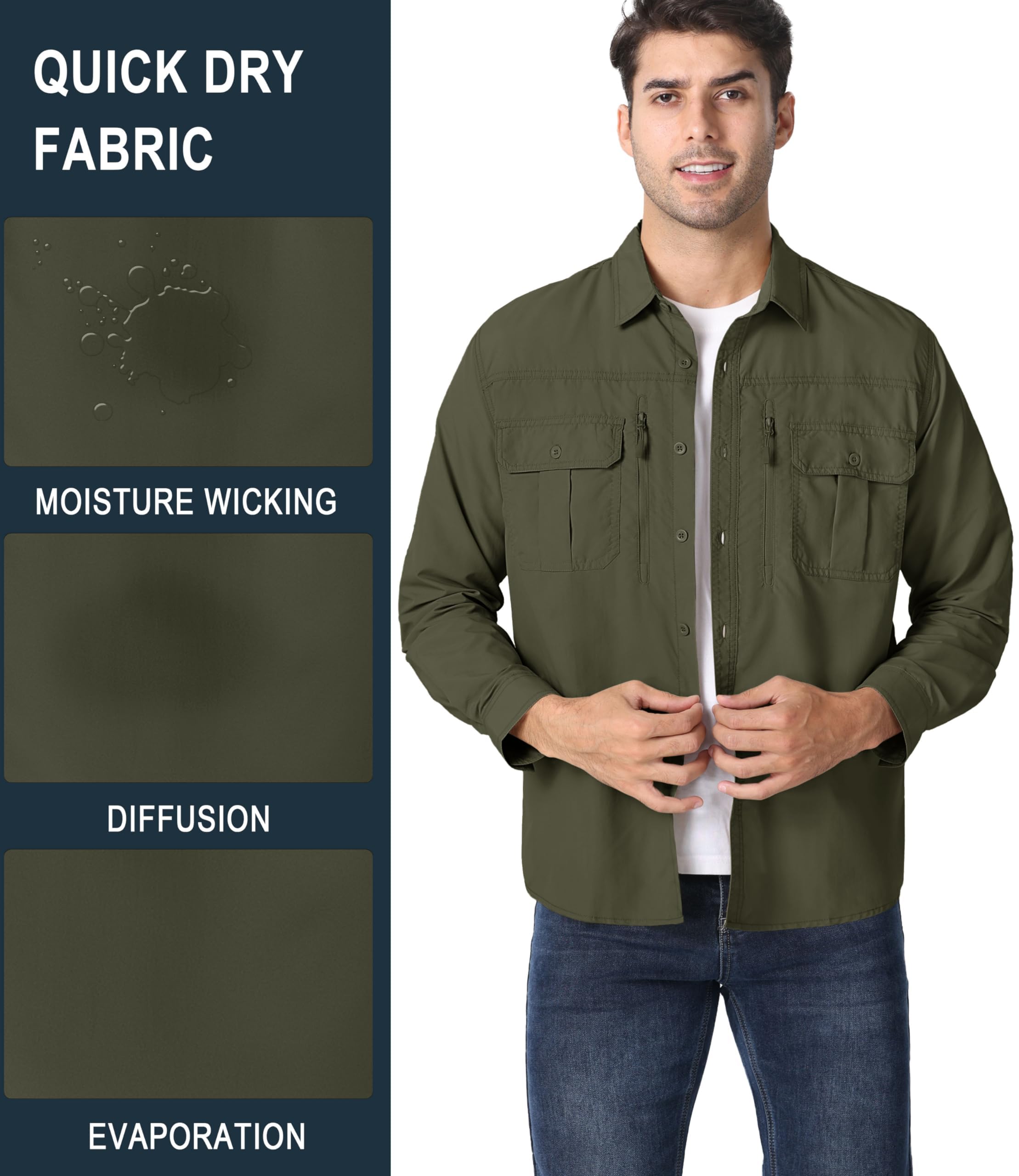 MAGCOMSEN Camisa de Manga Larga para Hombre, para el Tiempo Libre, de Secado rápido, Transpirable, protección Solar, para Senderismo, Pesca, con UPF 50+