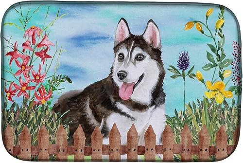 Caroline's Treasures CK1274DDM - Tapete de secado de platos de primavera de Husky siberiano #2, tapete absorbente de secado de platos para encimera