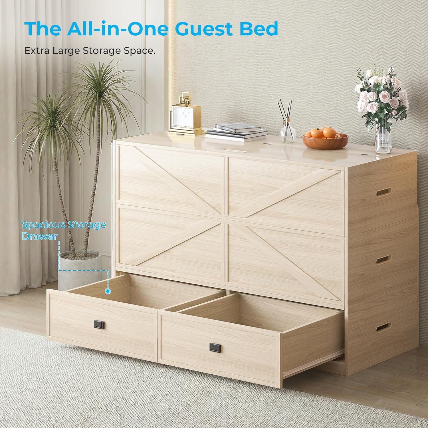 Mjkone Murphy Bed, Cabinet Beds Queen Size with Mattress Included, 3-in-1 Convertible Sofa Furniture Sets, Hidden Chest Bed with Storage Drawers, Guest Sleeper Beds for Small Room, Apartment - Wood