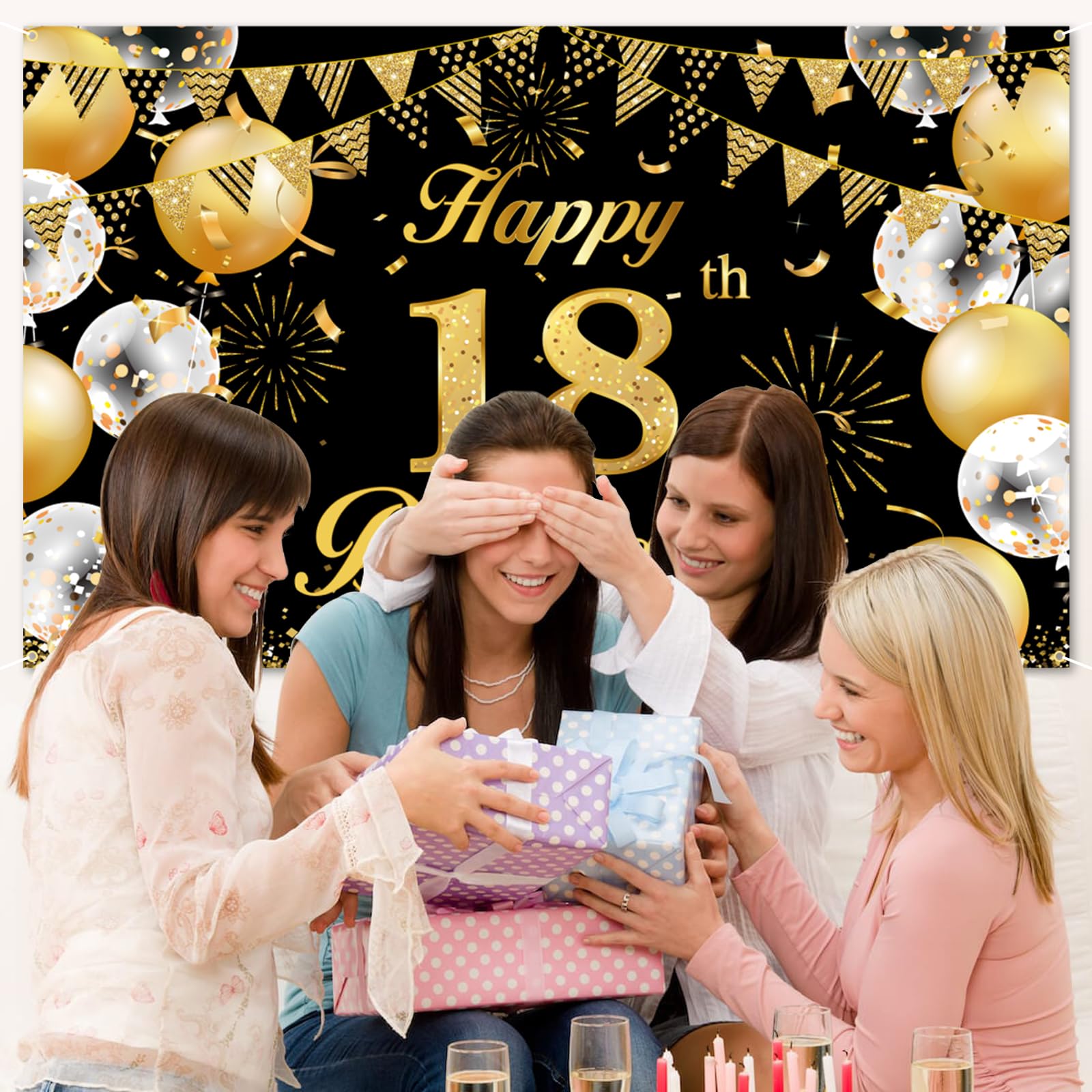 18. Geburtstag Hintergrund-Banner – Schwarz/Gold – 180 X 110 Cm – Party-Deko Mit Ösen, Waschbar